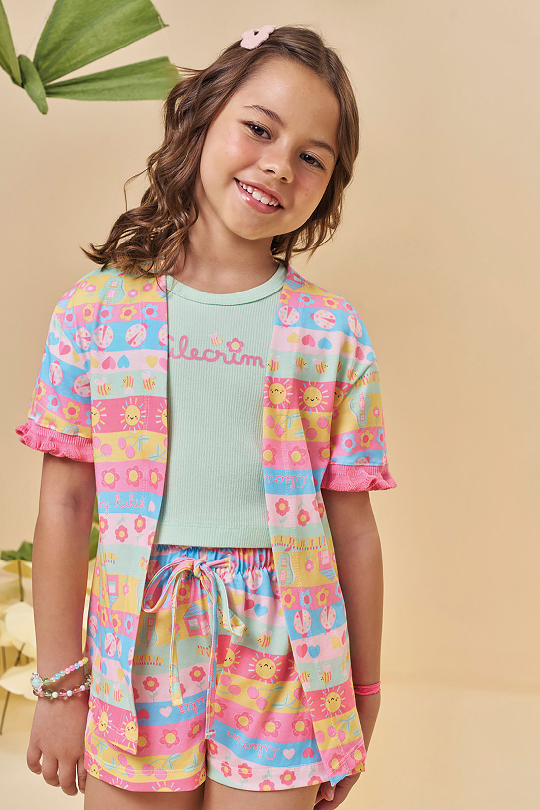 Trio de blusa em canelado e shorts e kimono em malha fresh 95231 Kukiê Infantil Menina Trio de blusa em canelado e shorts e kimono em malha fresh 95231 Kukiê Infantil Menina