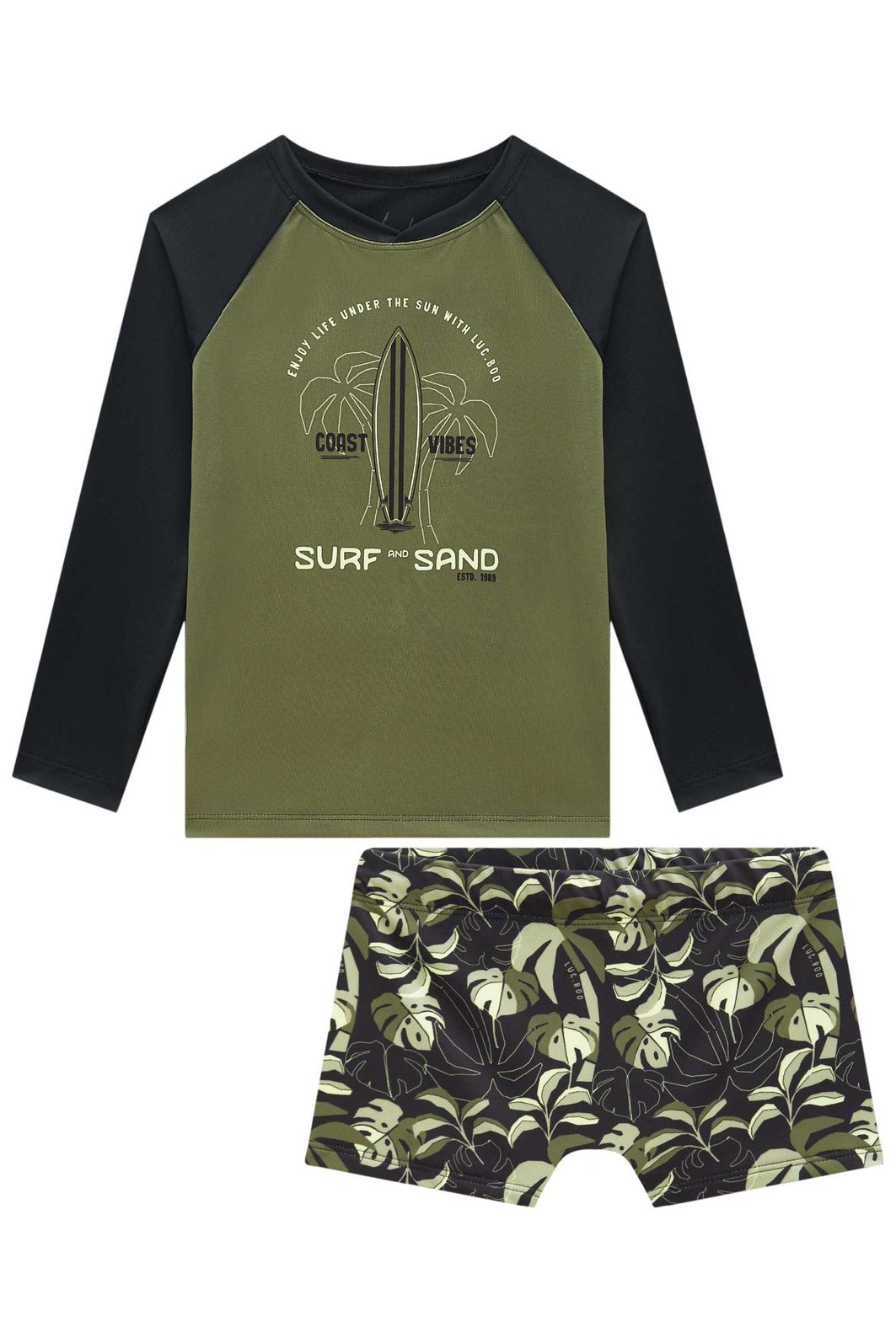 Conjunto de camiseta e sunga em malha UV dry com proteção UV50+ 96117 LucBoo Infantil Menino Conjunto de camiseta e sunga em malha UV dry com proteção UV50+ 96117 LucBoo Infantil Menino