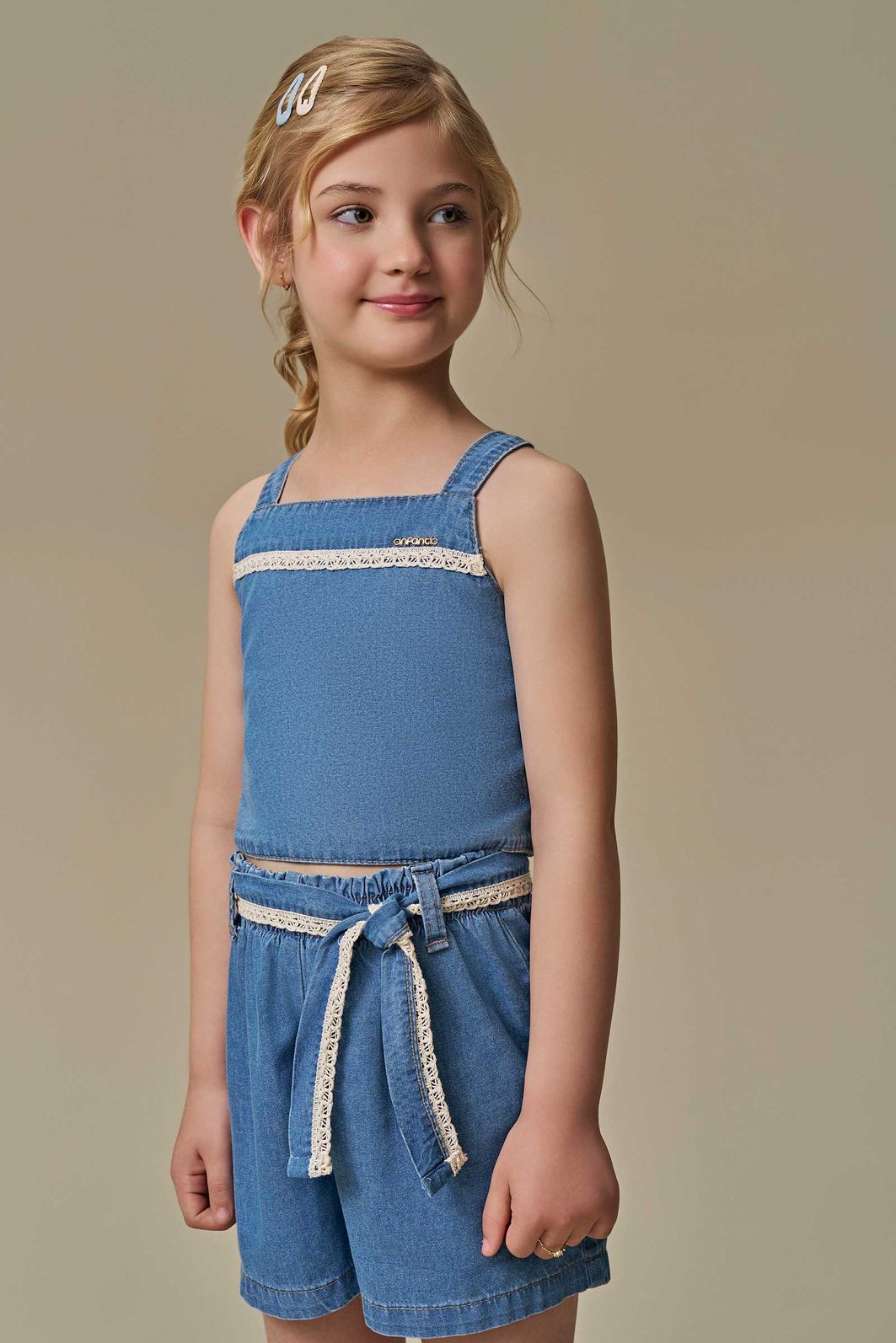Conjunto de blusa e shorts em jeans 97042 Infanti Infantil Menina