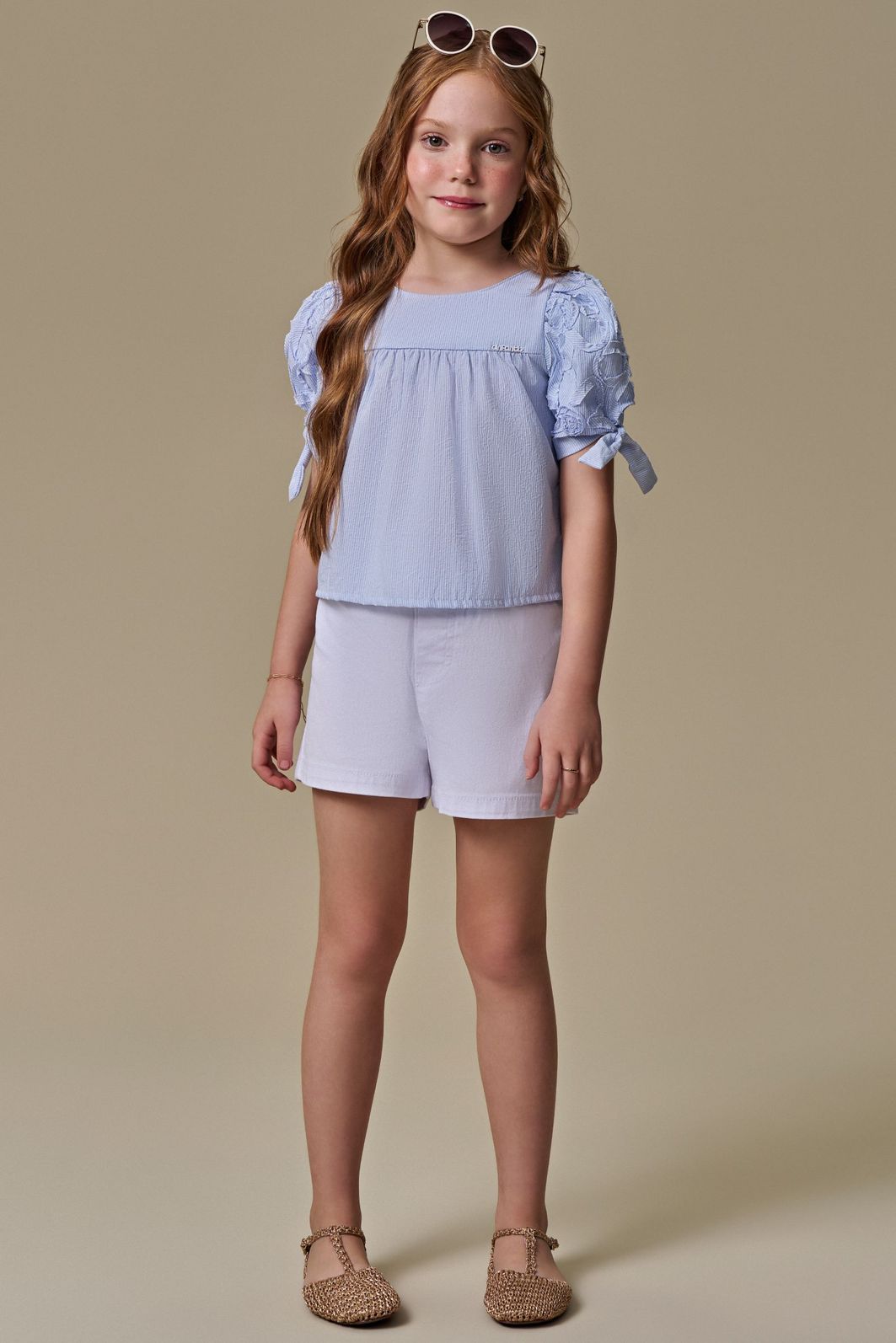 Conjunto de bata em tricoline listrado e shorts em sarja com elastano 97081 Infanti Infantil Menina