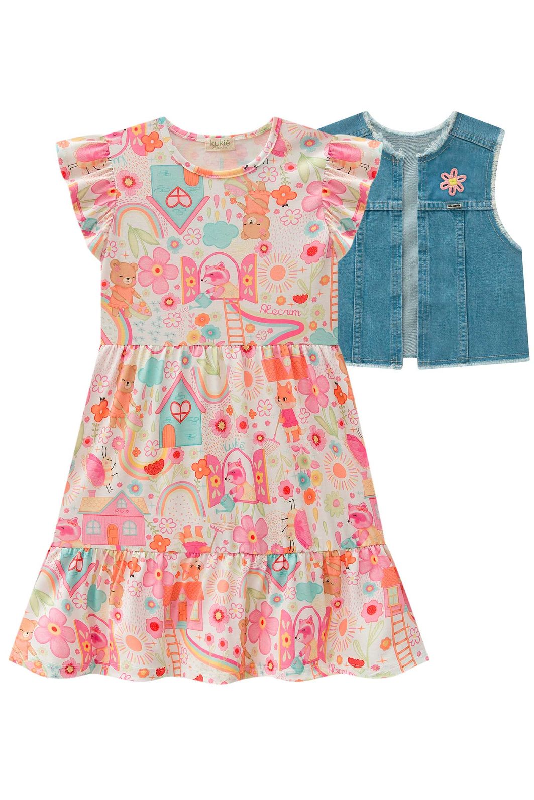 Vestido em malha fresh e colete em jeans arkansas 98602 Kukiê Infantil Menina Vestido em malha fresh e colete em jeans arkansas 98602 Kukiê Infantil Menina