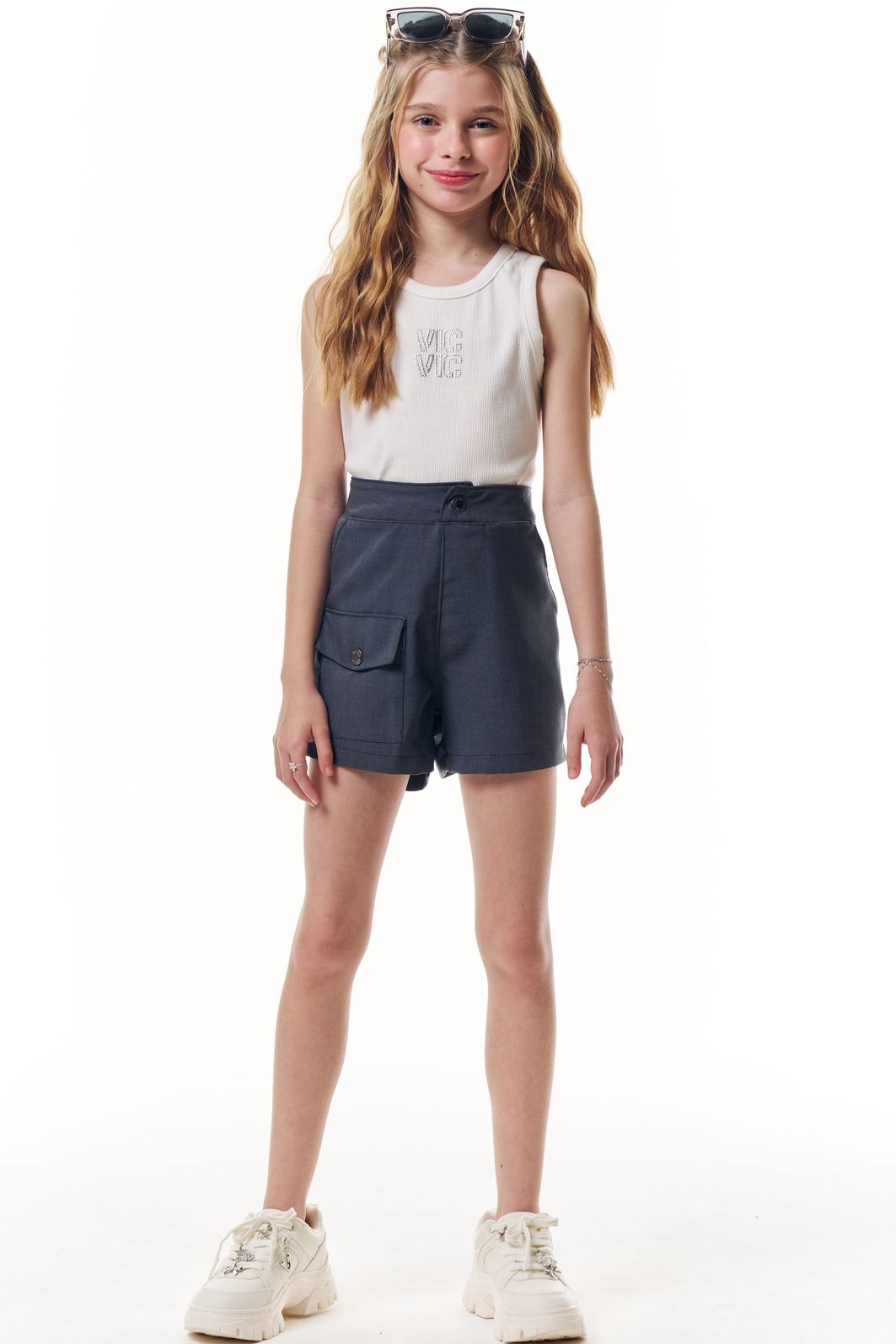 Conjunto de regata em canelado liz e shorts em alfaiataria premium melange 95951 Vic Teen Menina