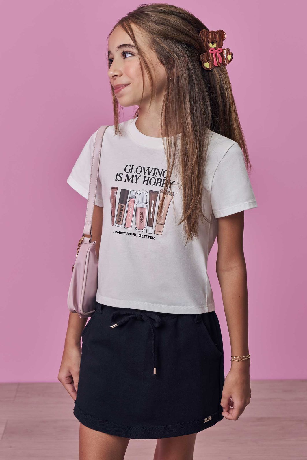 Conjunto de blusa em meia malha e short saia em moletom sem pelúcia 99102 Vic Teen Menina