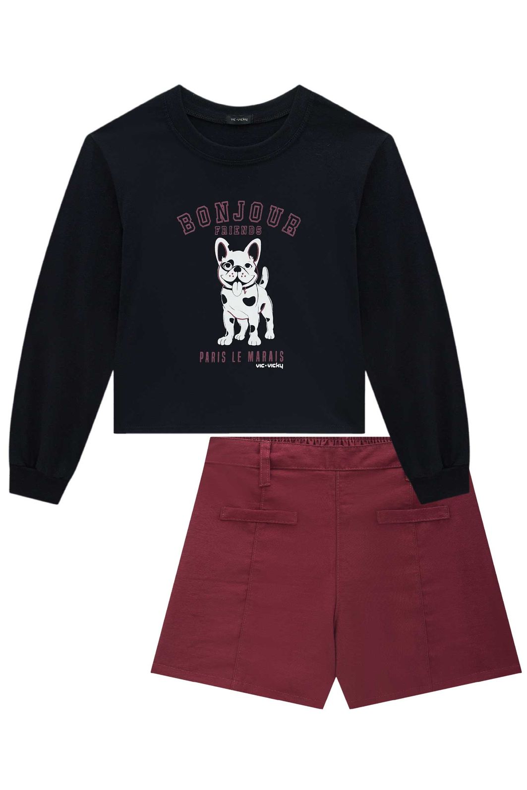 Conjunto de blusa boxy over em meia malha e shorts em alfaiataria marant 90703 Vic Teen Menina