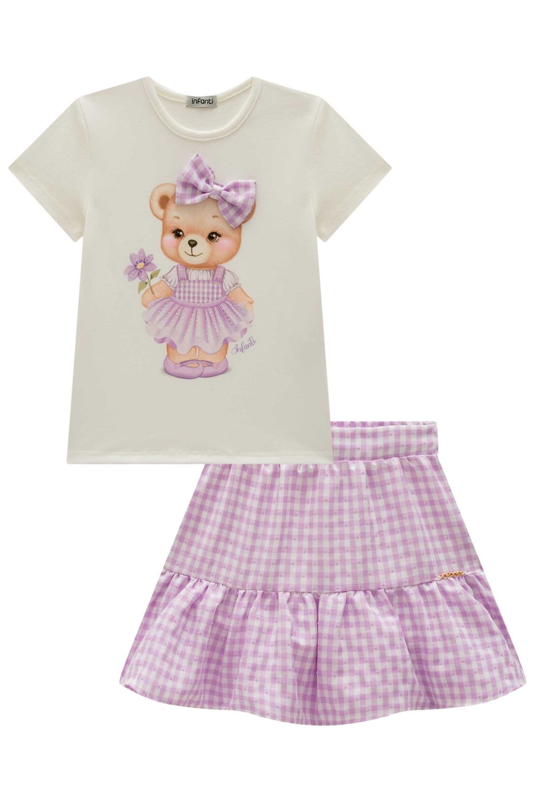 Conjunto de blusa em cotton com saia em tricoline vichy 
(com shorts embutido) 99215 Infanti Infantil Menina
