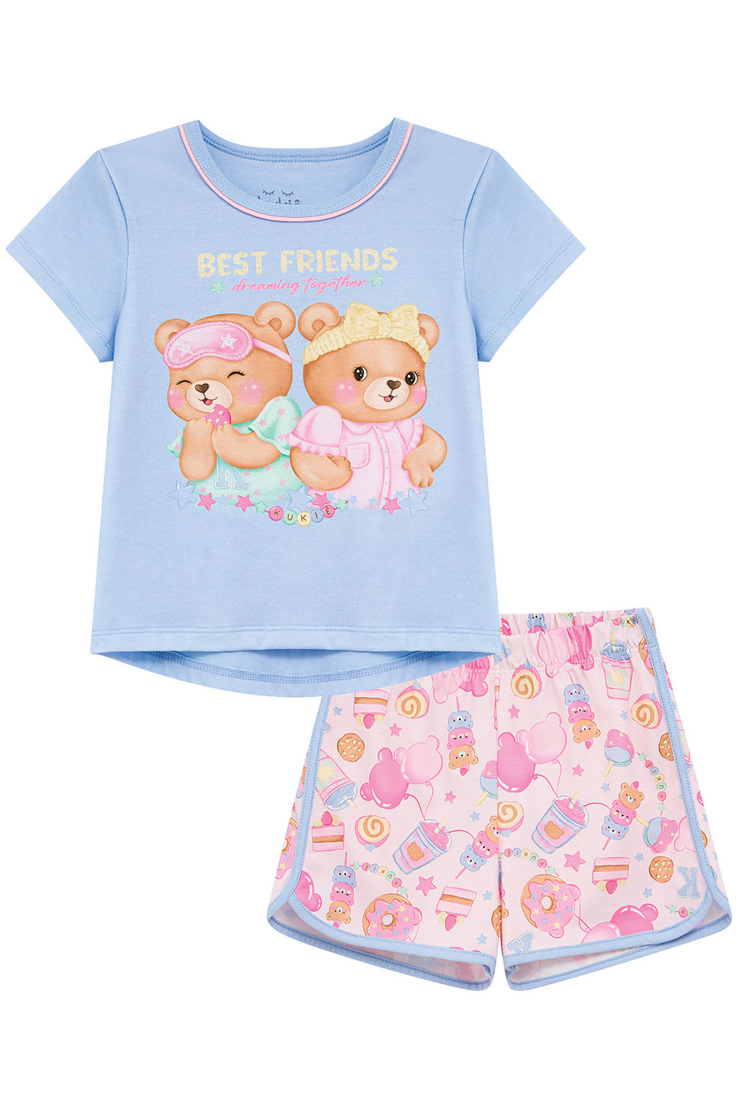 Conjunto de pijama de blusa em meia malha e shorts em malha fresh (acompanha máscara) 94316 Kukiê Infantil Menina