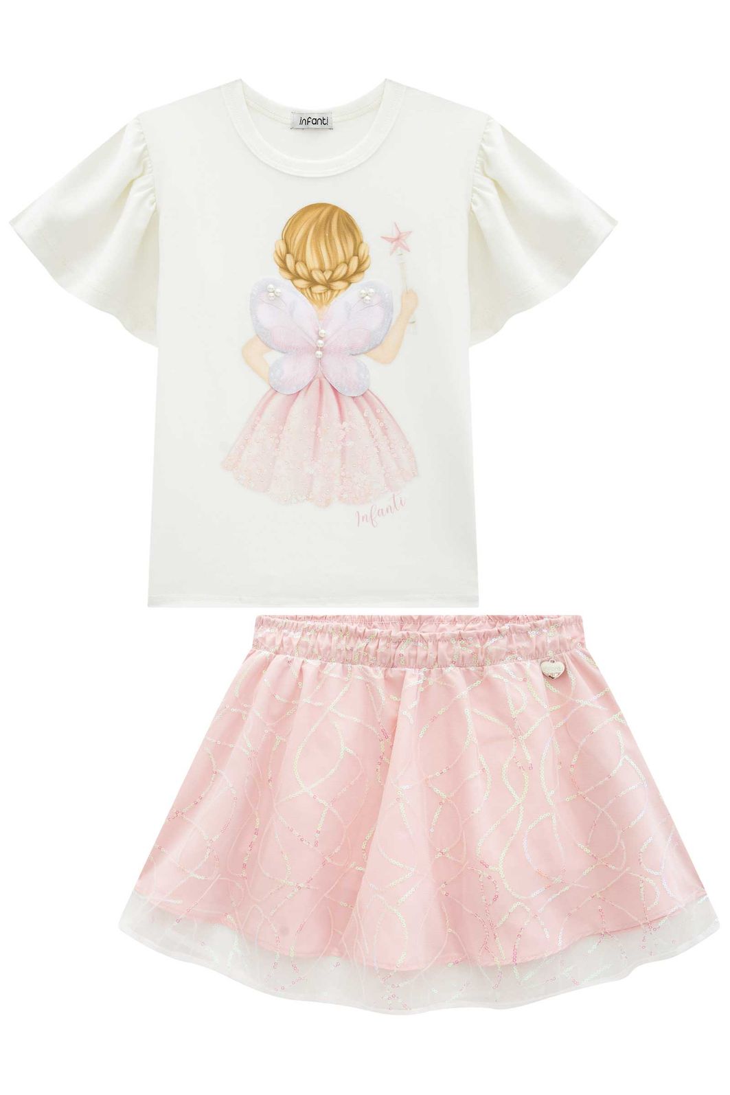 Conjunto de blusa em cotton e saia em tule paetê. Com shorts embutido 95863 Infanti Infantil Menina