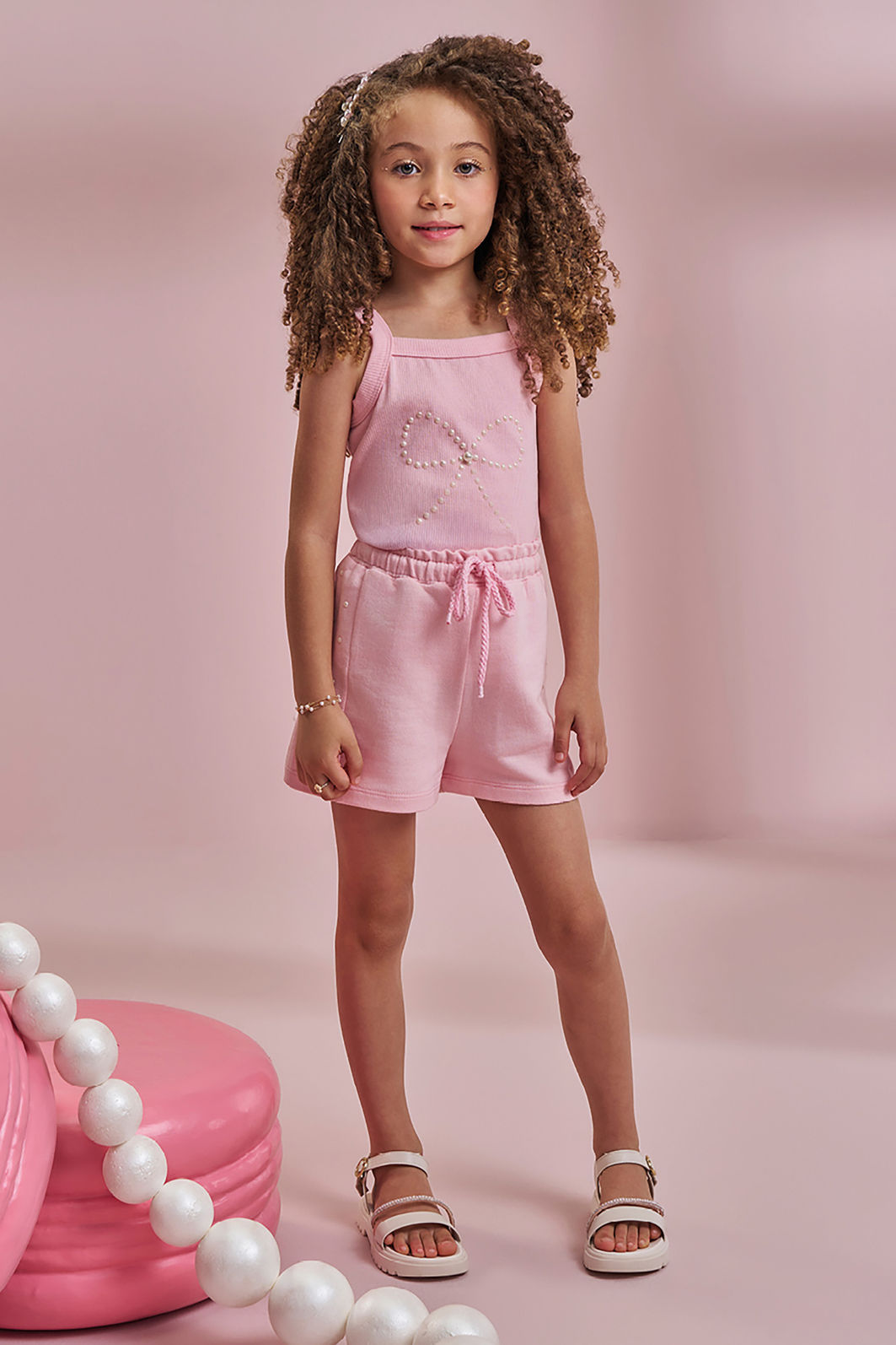Conjunto de regata em canelado liz e shorts em moletom sem pelúcia 96545 Kukiê Infantil Menina
