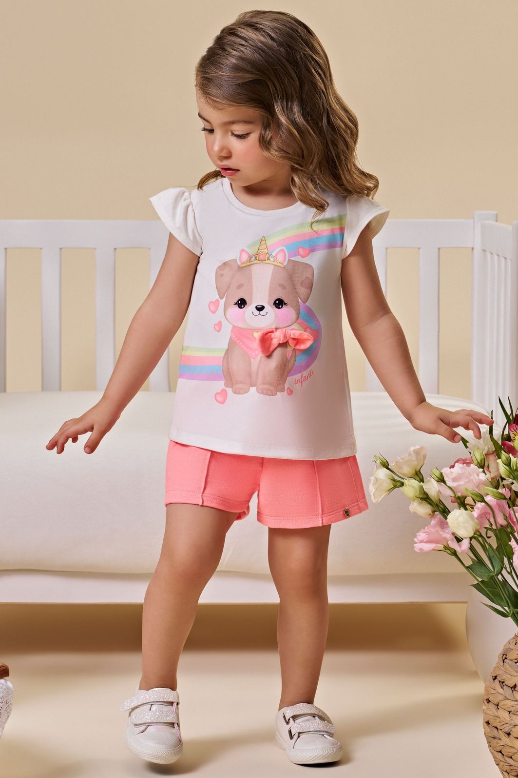 Conjunto de bata em meia malha com shorts em moletom sem pelúcia 94656 Infanti Infantil Menina Conjunto de bata em meia malha com shorts em moletom sem pelúcia 94656 Infanti Infantil Menina
