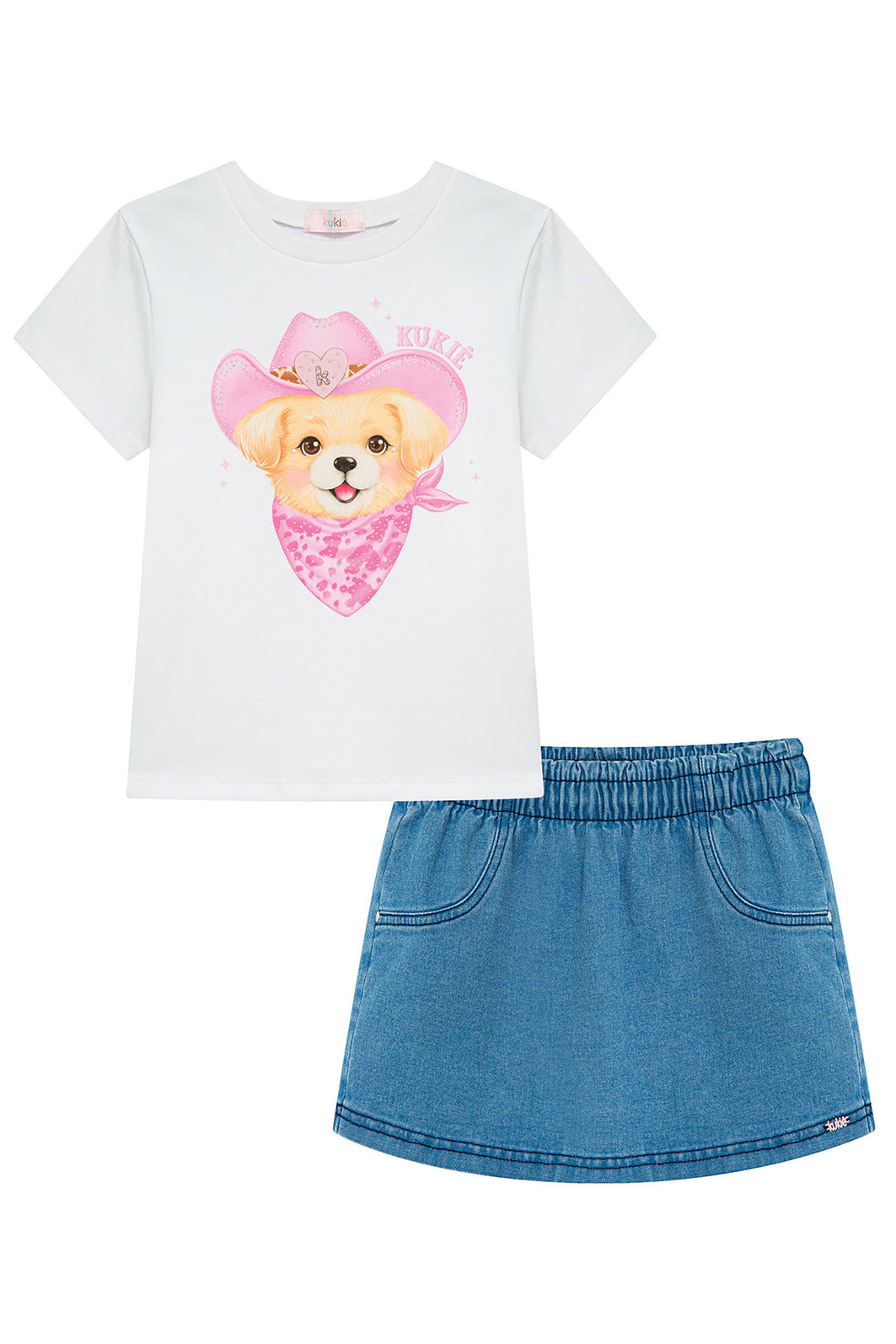 Conjunto de blusa em meia malha e short saia em jeans com elastano 97132 Kukiê Infantil Menina Conjunto de blusa em meia malha e short saia em jeans com elastano 97132 Kukiê Infantil Menina