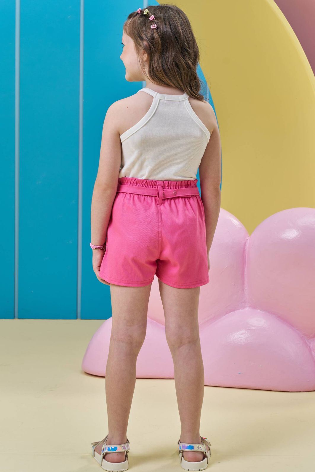 Conjunto de regata em canelado e shorts em sarja com elastano 96684 Kukiê Infantil Menina