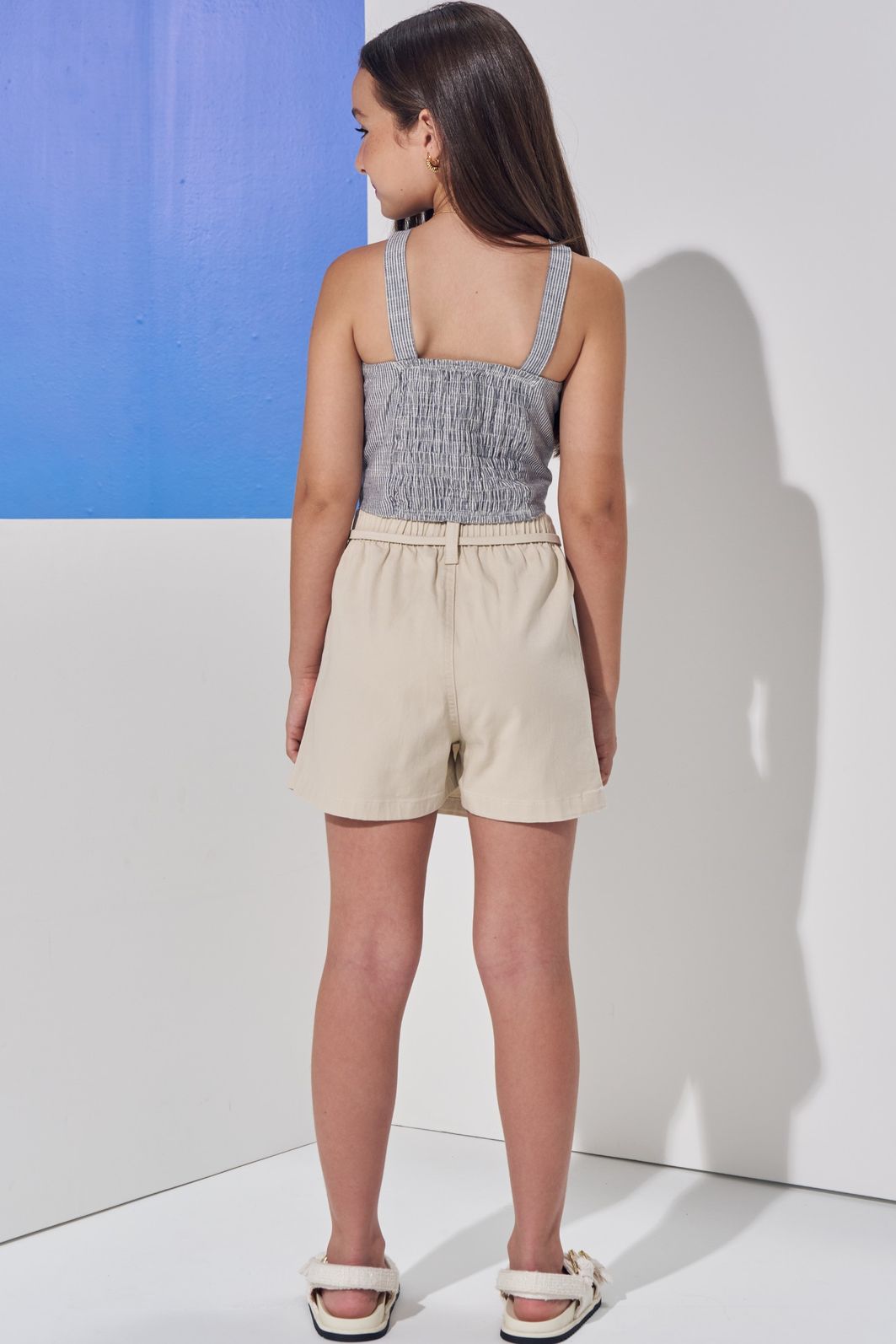 Conjunto de regata em tecido listrado e short saia em sarja com elastano 98909 Vic Teen Menina