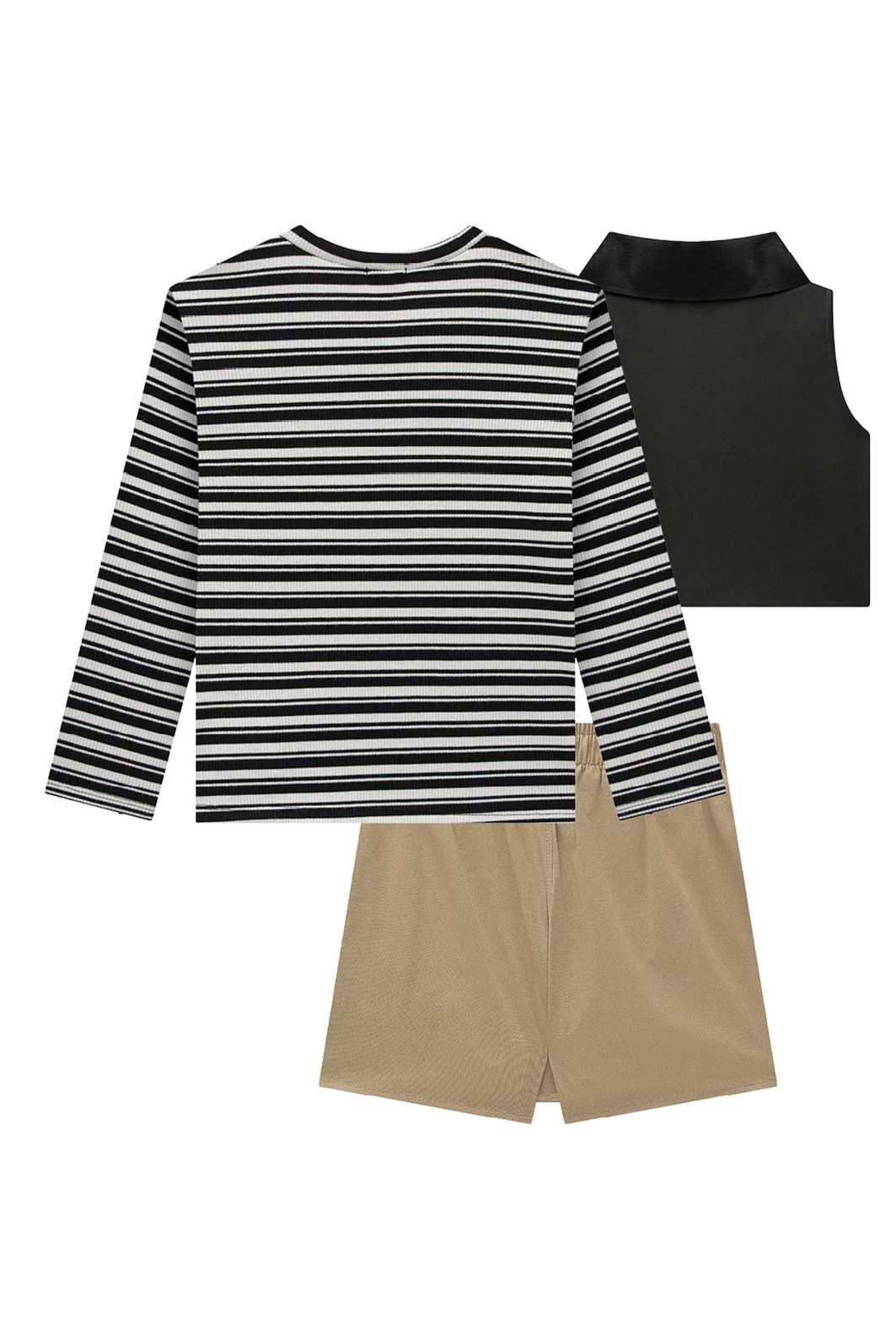 Trio de blusa em canelado liz, colete cropped em couro dublado e short saia em sarja 90908 Vic Teen Menina Trio de blusa em canelado liz, colete cropped em couro dublado e short saia em sarja 90908 Vic Teen Menina