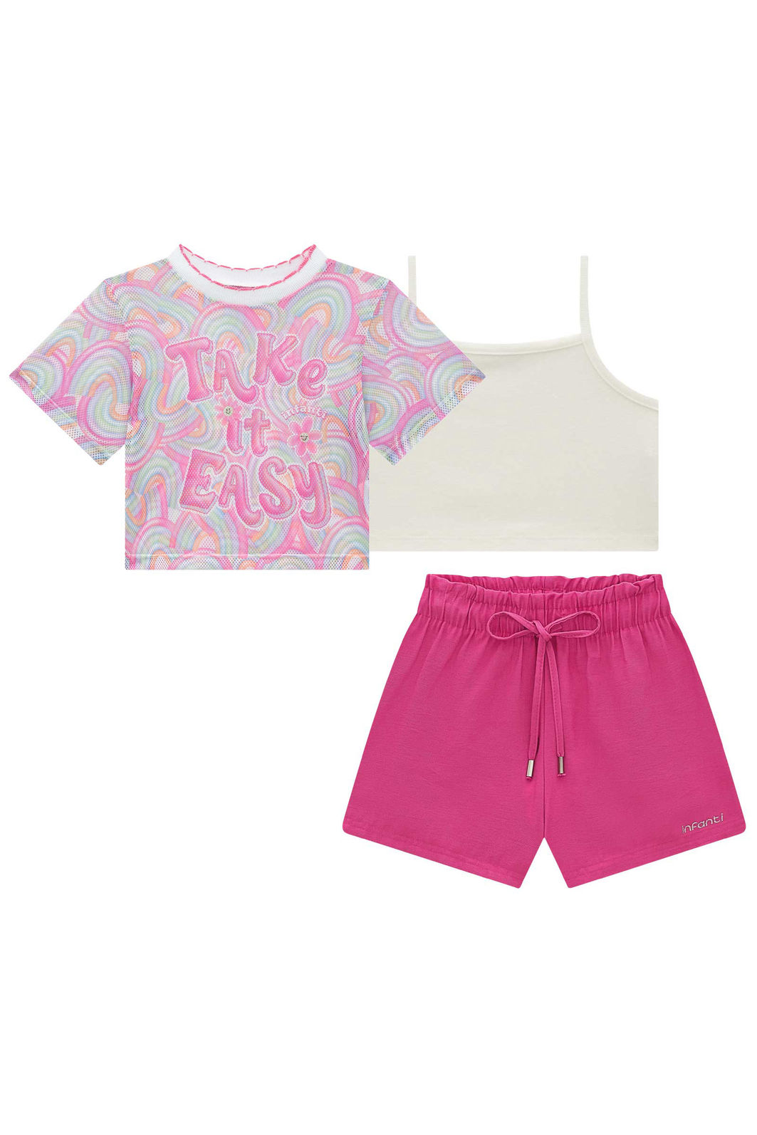 Trio de top em ribana canelada, blusa em tela fashion e shorts em cupro 93253 Infanti Infantil Menina Trio de top em ribana canelada, blusa em tela fashion e shorts em cupro 93253 Infanti Infantil Menina