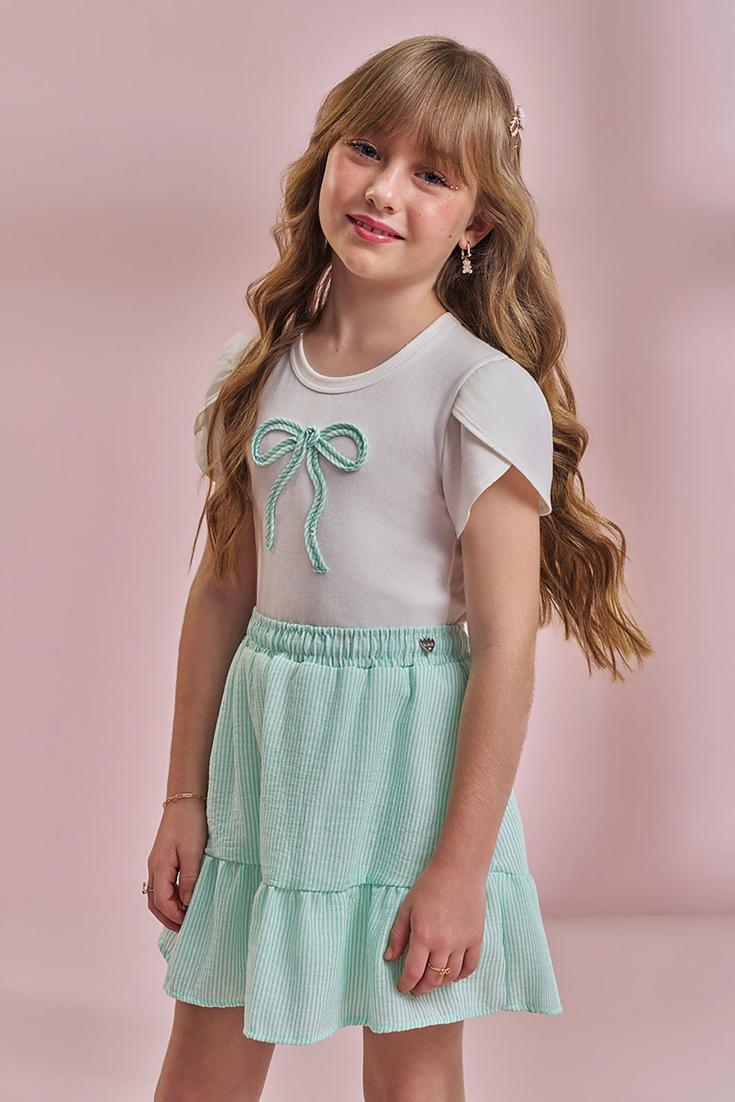 Conjunto de blusa em cotton e saia em tricoline listrado 96431 Kukiê Infantil Menina Conjunto de blusa em cotton e saia em tricoline listrado 96431 Kukiê Infantil Menina