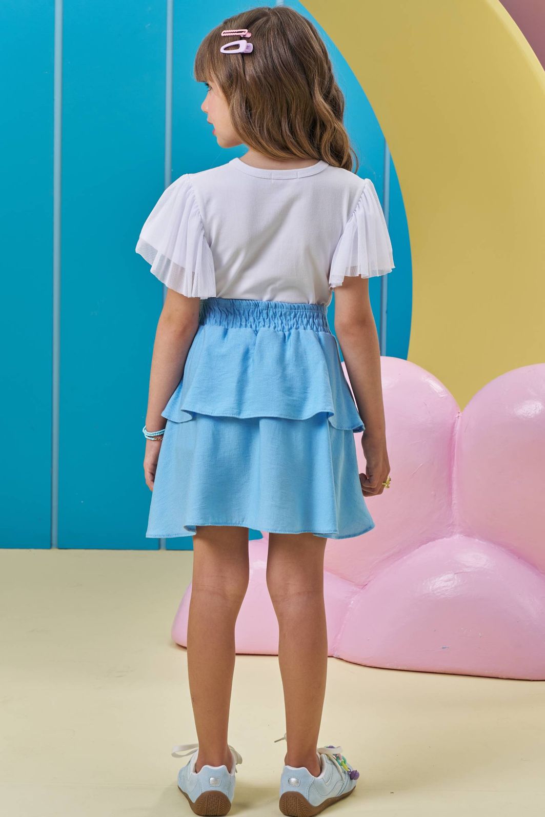 Conjunto de blusa em cotton e saia em viscose (com shorts embutido) 96682 Kukiê Infantil Menina Conjunto de blusa em cotton e saia em viscose (com shorts embutido) 96682 Kukiê Infantil Menina
