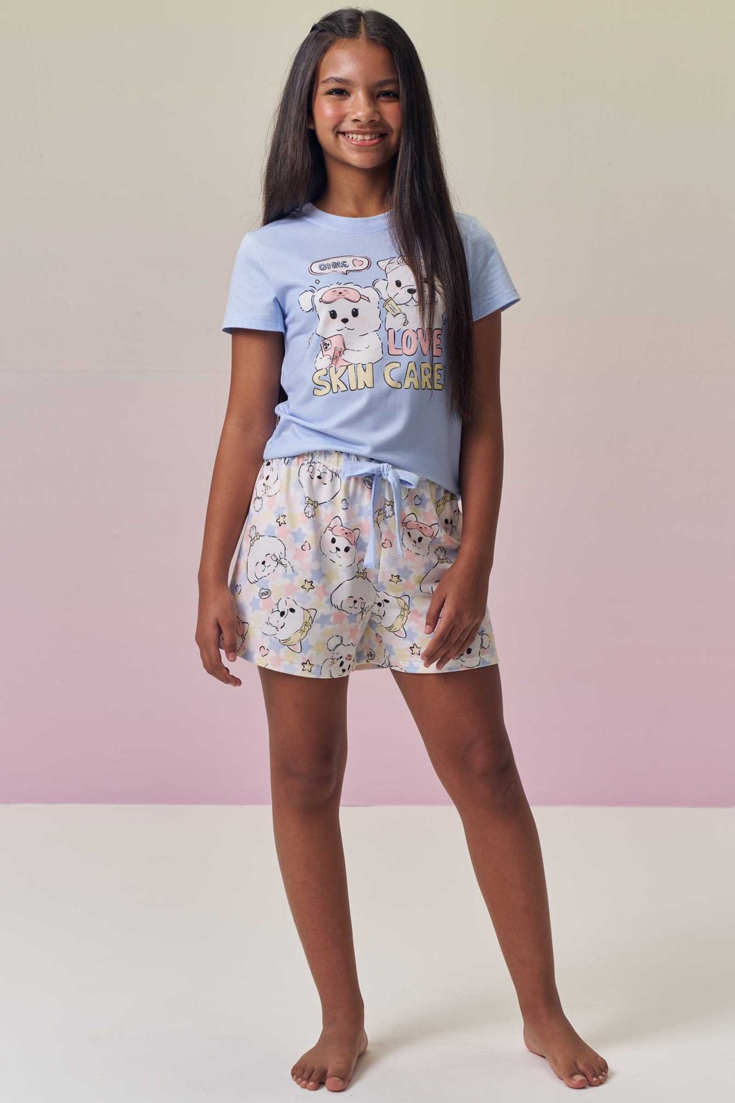 Conjunto de pijama com blusa em meia malha e shorts em malha fresh 95091 Vic Teen Menina Conjunto de pijama com blusa em meia malha e shorts em malha fresh 95091 Vic Teen Menina