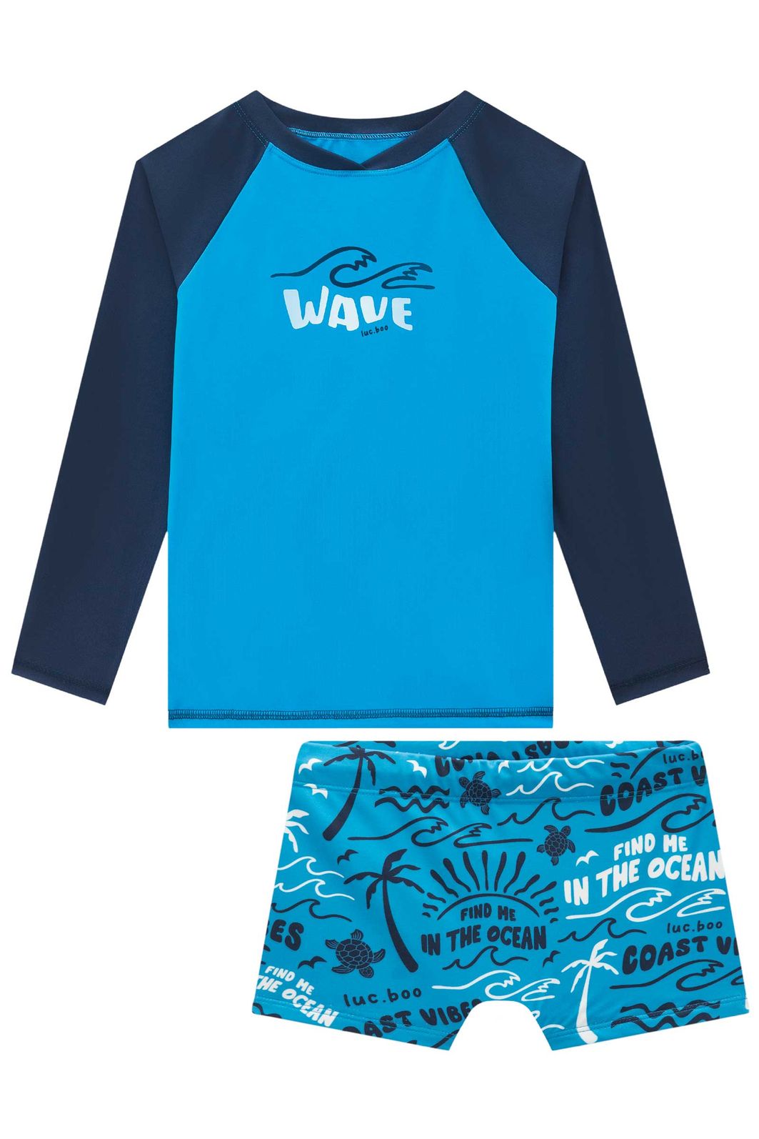Conjunto de camiseta e sunga em malha UV dry com proteção UV50+ 96170 LucBoo Infantil Menino Conjunto de camiseta e sunga em malha UV dry com proteção UV50+ 96170 LucBoo Infantil Menino