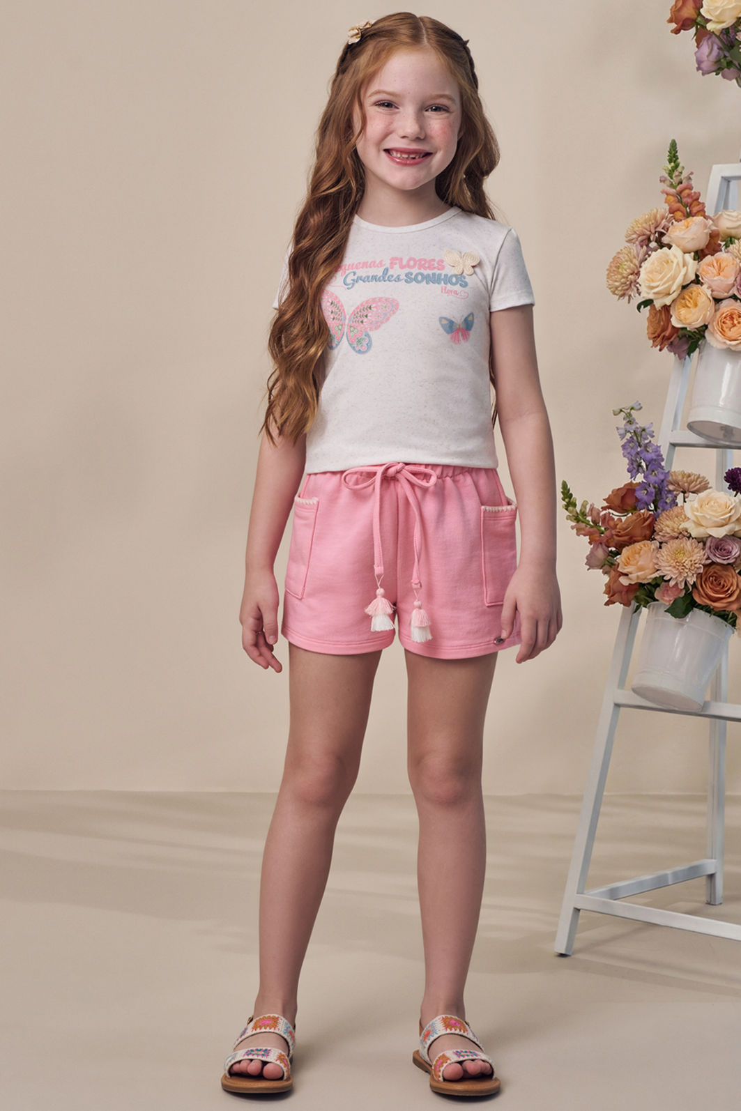 Conjunto de blusa em malha power e shorts em moletom sem pelúcia 98557 Infanti Infantil Menina