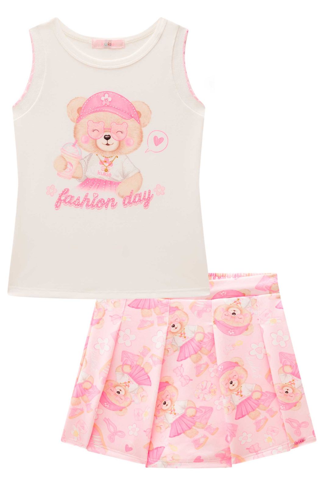 Conjunto de regata em cotton e short saia em molecotton 99019 Kukiê Infantil Menina