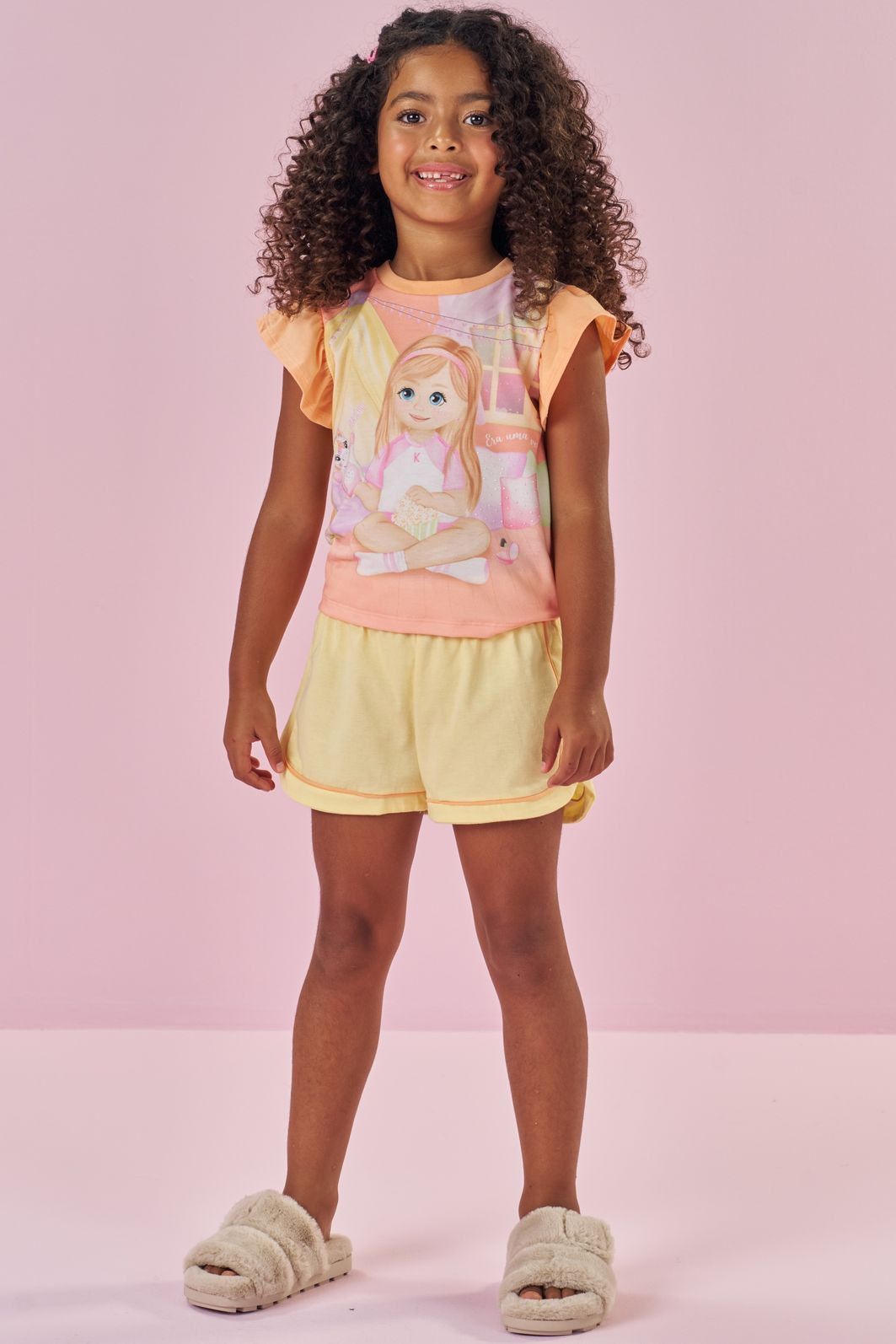 Conjunto de pijama de blusa em flamê e shorts em meia malha 88747 Kukiê Infantil Menina Conjunto de pijama de blusa em flamê e shorts em meia malha 88747 Kukiê Infantil Menina