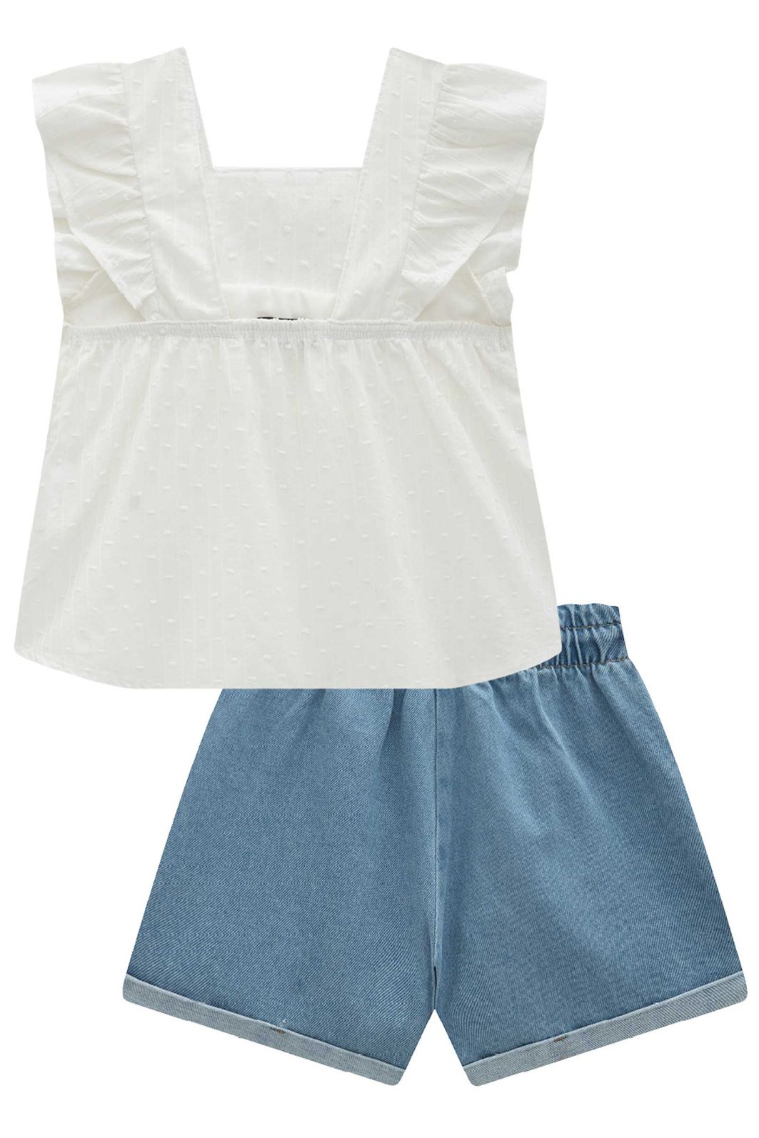 Conjunto de bata em tricoline maquinetado e shorts em jeans 96893 Infanti Infantil Menina