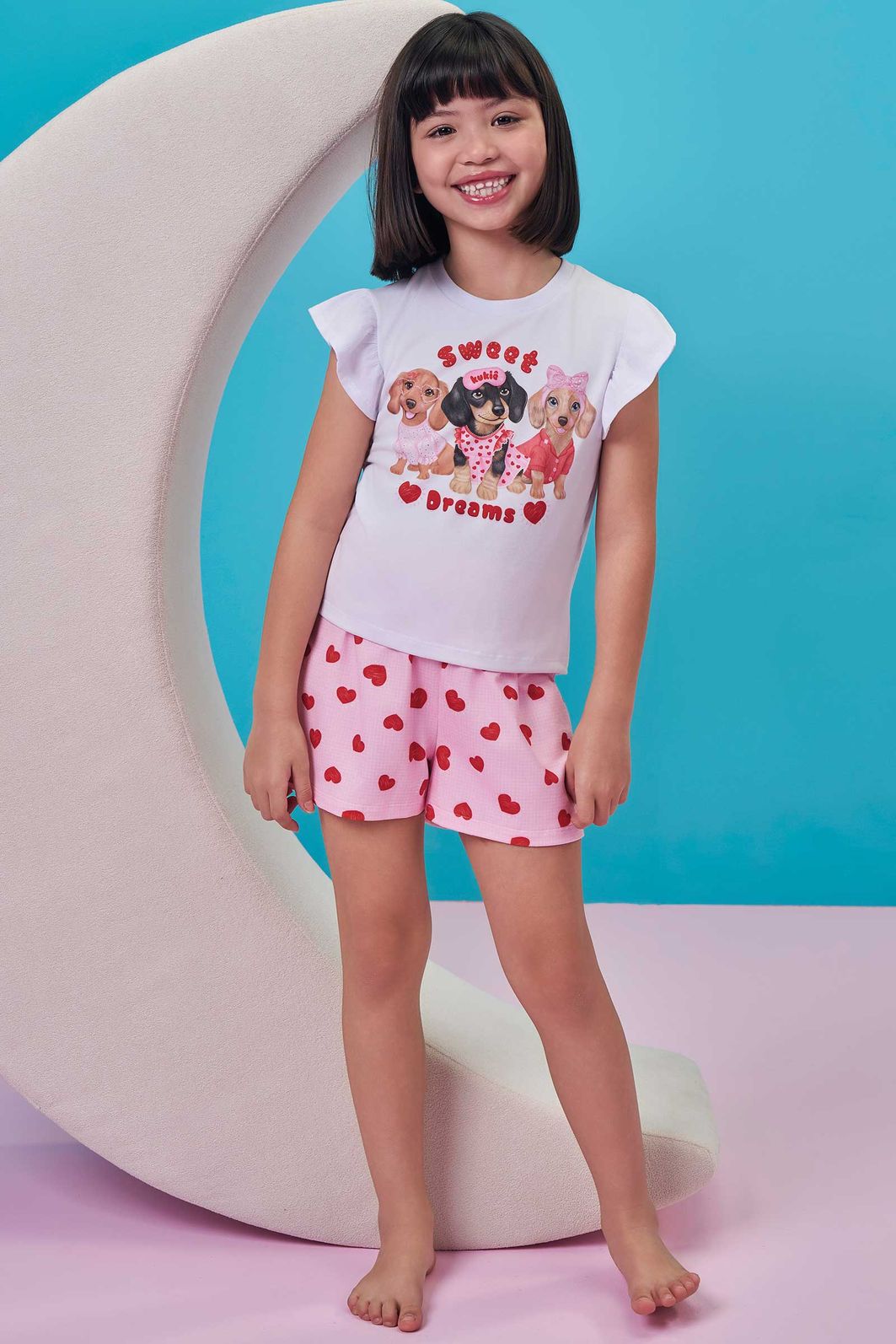 Conjunto de pijama de blusa em meia malha e shorts em malha comfy 99705 Kukiê Infantil Menina