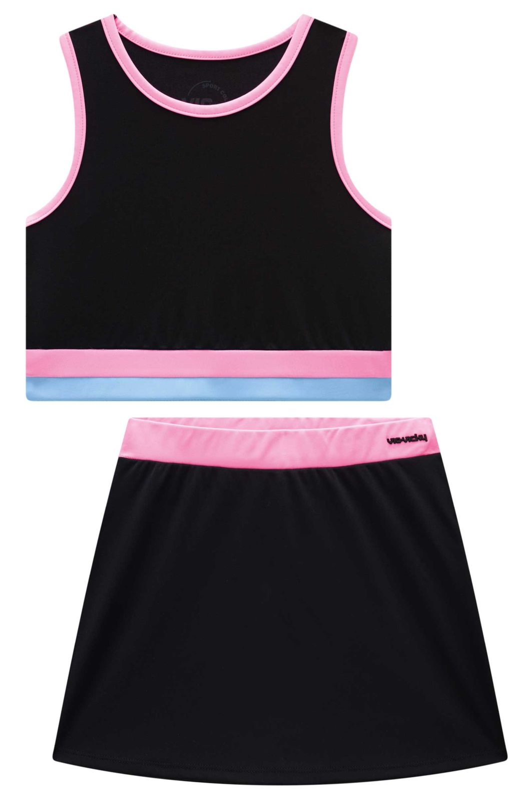 Conjunto de top cropped e short saia em malha poliamida UV50 96533 Vic Teen Menina