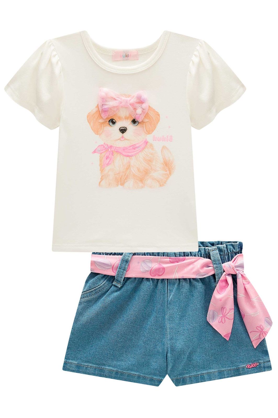 Conjunto de blusa em cotton e shorts em jeans com elastano 98302 Kukiê Infantil Menina Conjunto de blusa em cotton e shorts em jeans com elastano 98302 Kukiê Infantil Menina