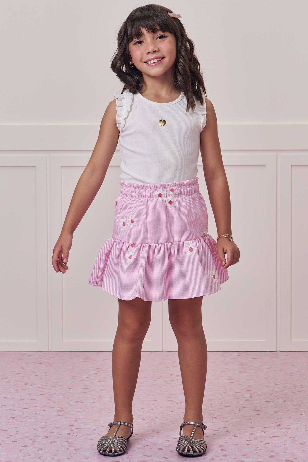 Conjunto de regata em canelado liz com saia em tricoline bordado. Com shorts embutido 98824 Infanti Infantil Menina Conjunto de regata em canelado liz com saia em tricoline bordado. Com shorts embutido 98824 Infanti Infantil Menina