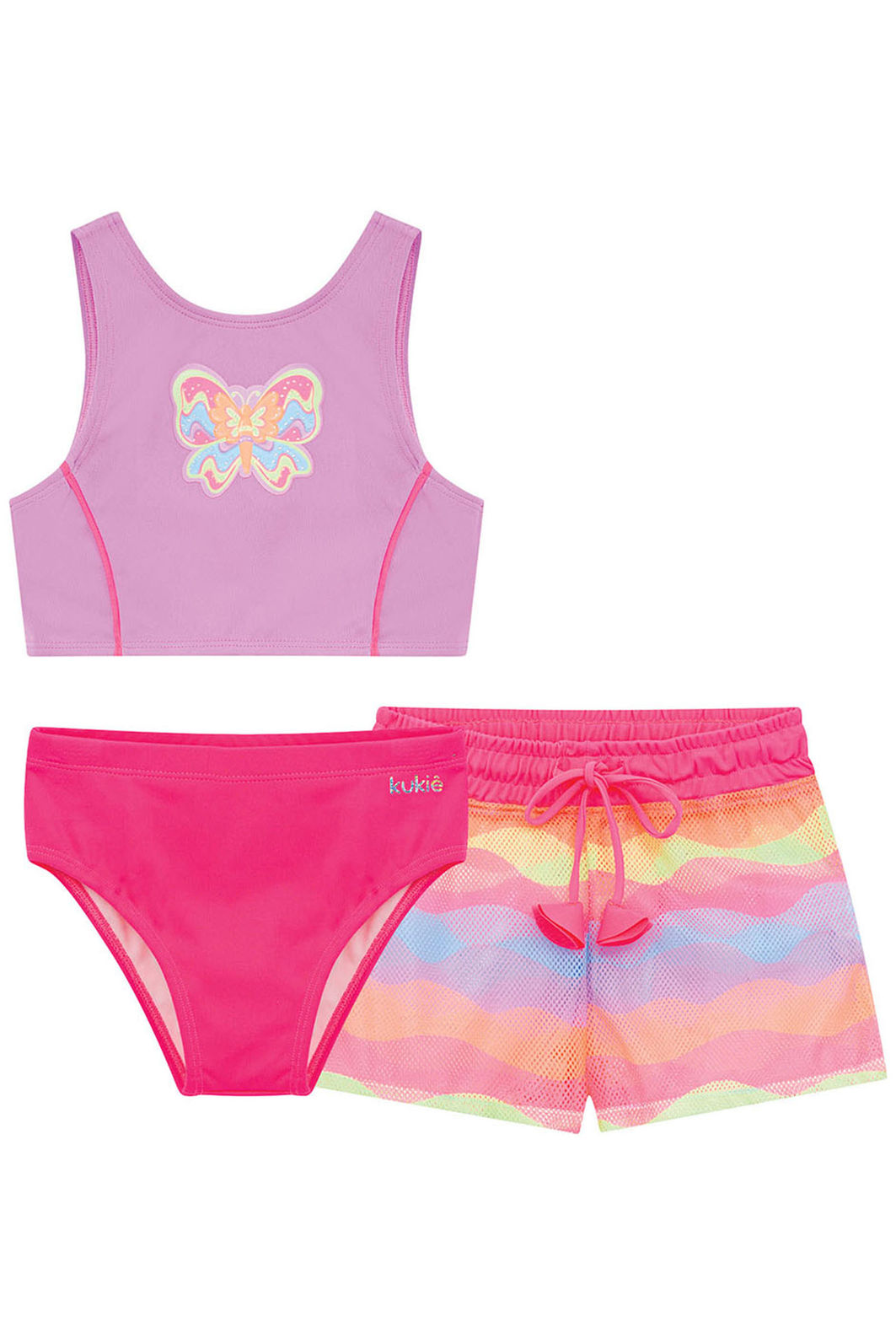 Trio de biquíni em malha poliamida com proteção UV50+ e shorts em tela fashion 96224 Kukiê Infantil Menina