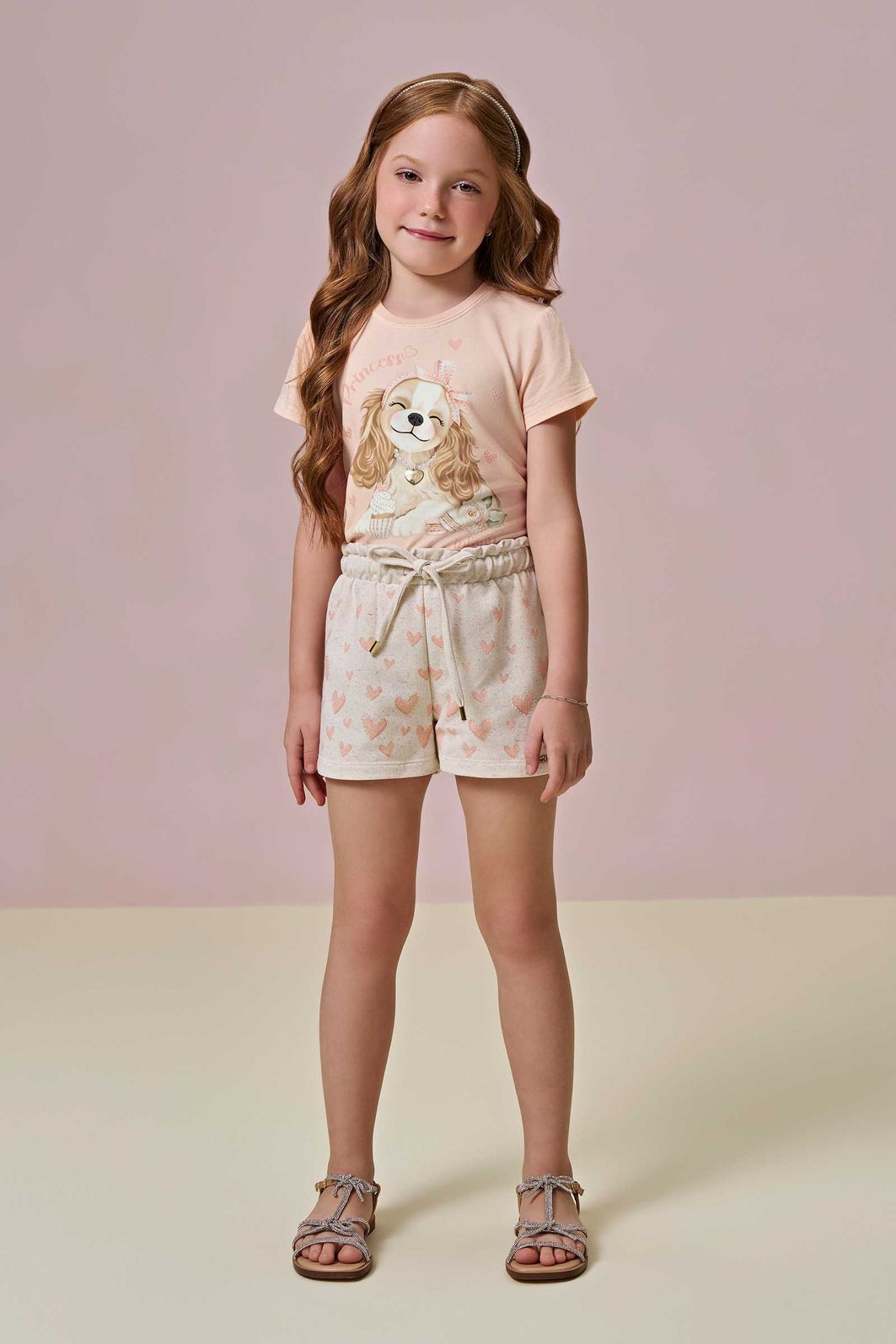 Conjunto de blusa em meia malha e shorts em moletom linho sem pelúcia 96345 Infanti Infantil Menina