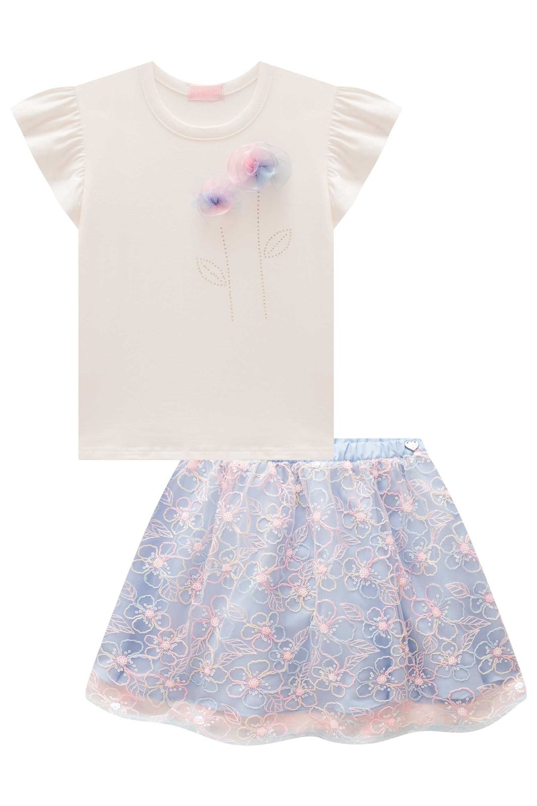 Conjunto de blusa em cotton e saia em tule bordado (com shorts embutido) 98712 Kukiê Infantil Menina
