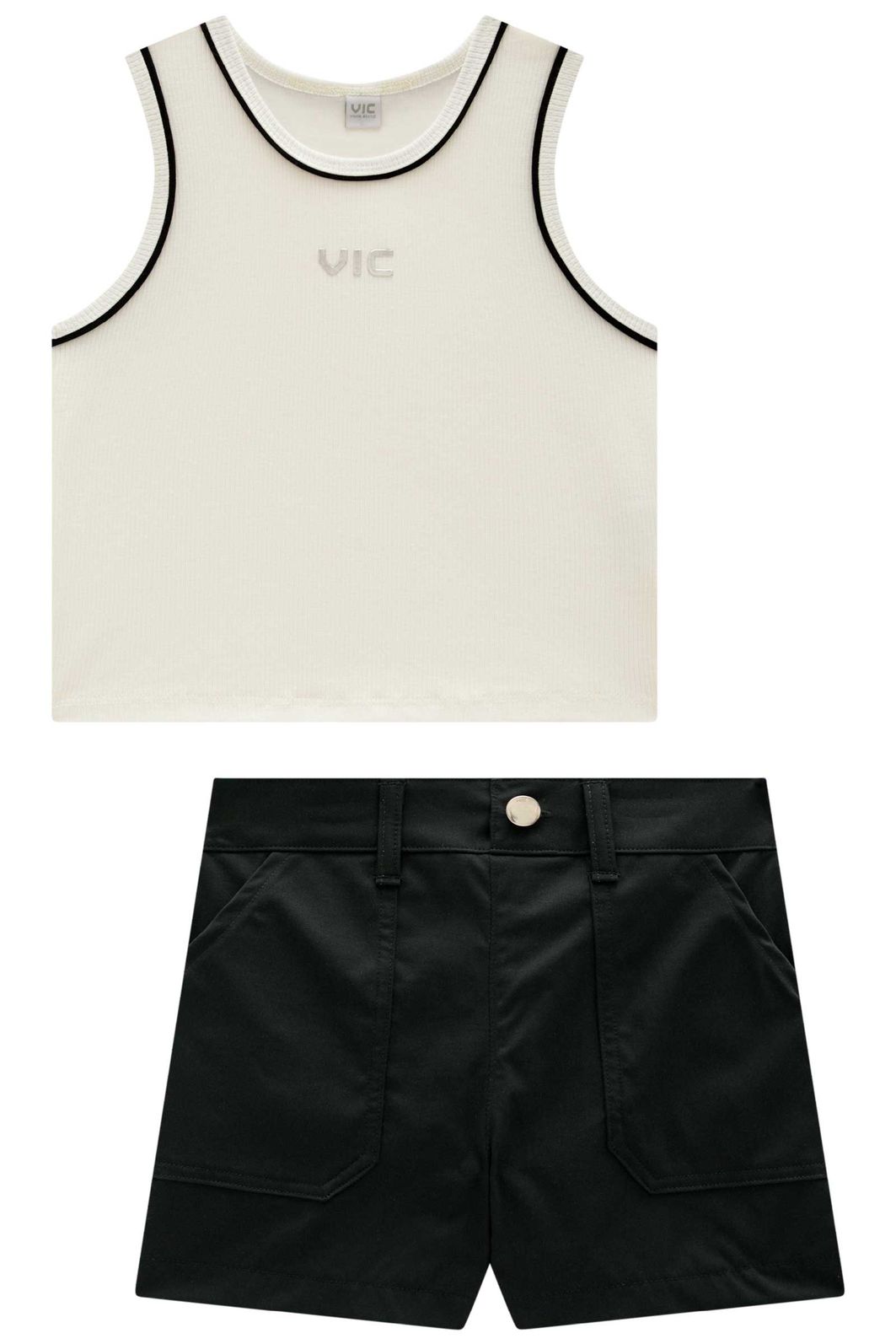 Conjunto de regata em canelado liz e shorts em alfaiataria tecno cargo 98520 Vic Teen Menina Conjunto de regata em canelado liz e shorts em alfaiataria tecno cargo 98520 Vic Teen Menina