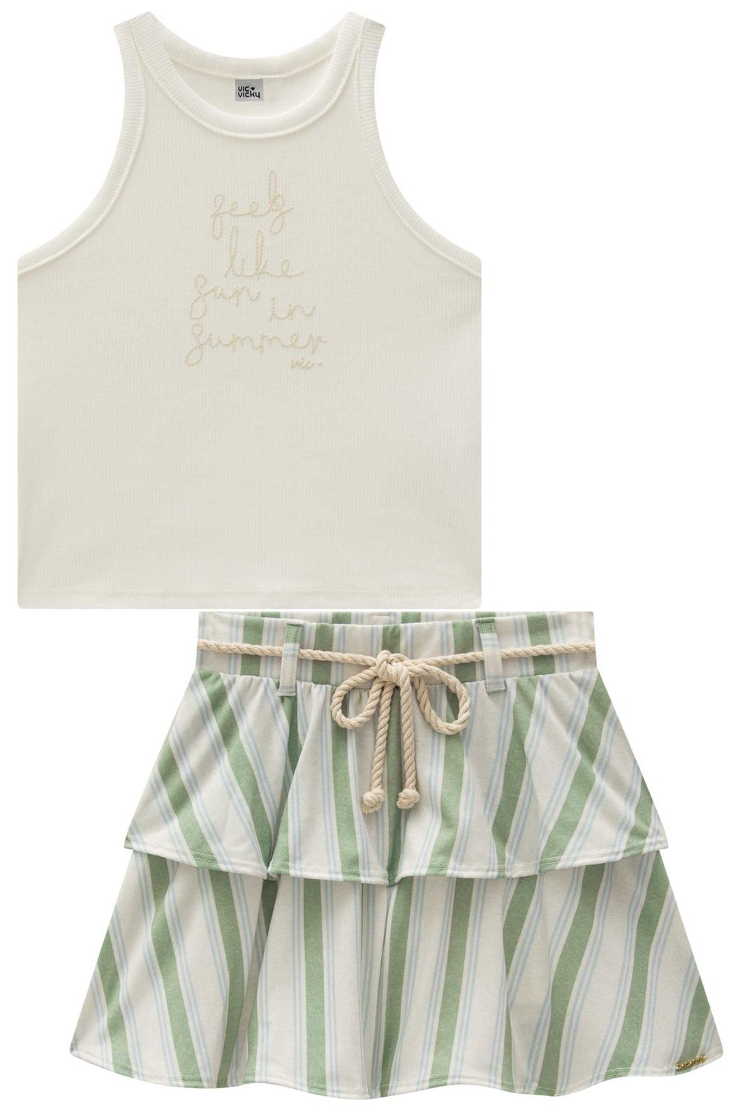 Conjunto de regata em canelado liz e saia em malha fresh com shorts embutido 96890 Vic Teen Menina