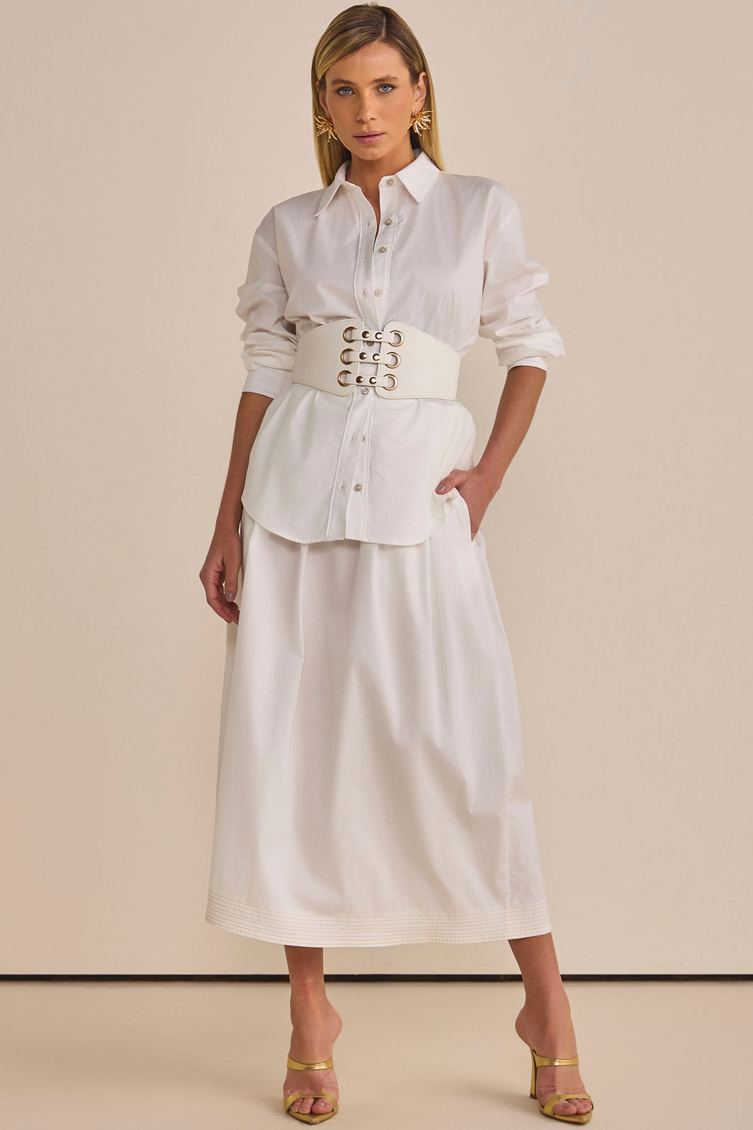 Saia maxi midi em tricoline com elastano com shorts forro em malha 90521 Linzzi