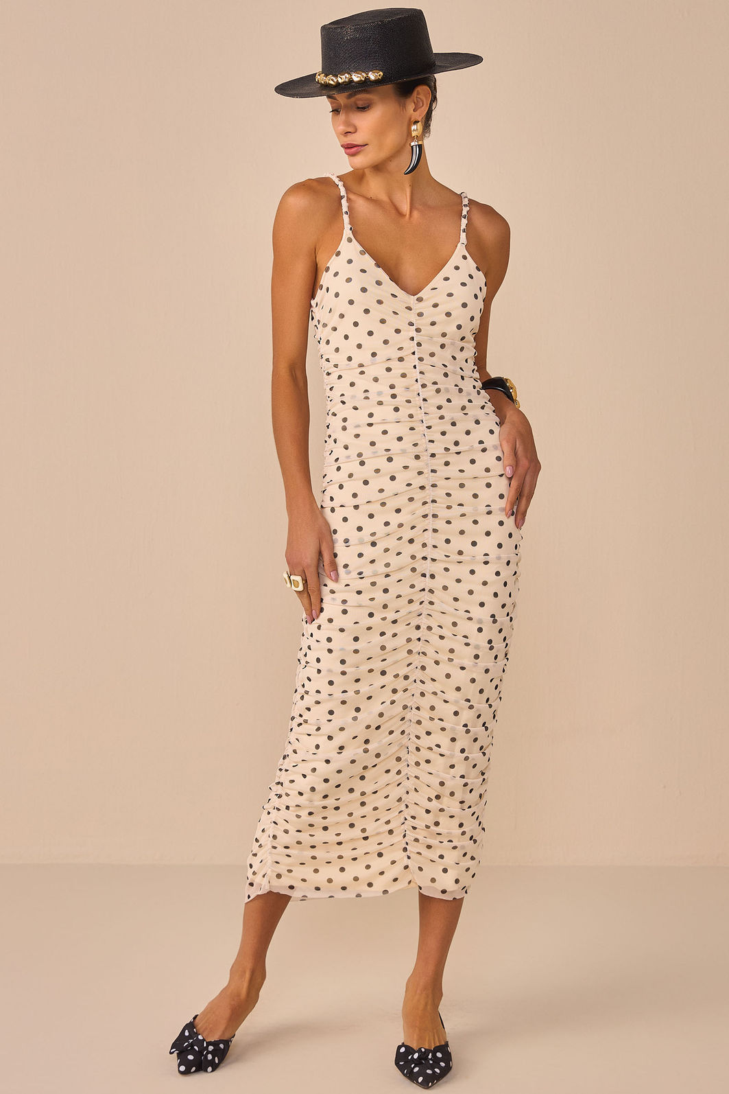 Vestido midi em tule estampado poá 97227 Linzzi Vestido midi em tule estampado poá 97227 Linzzi