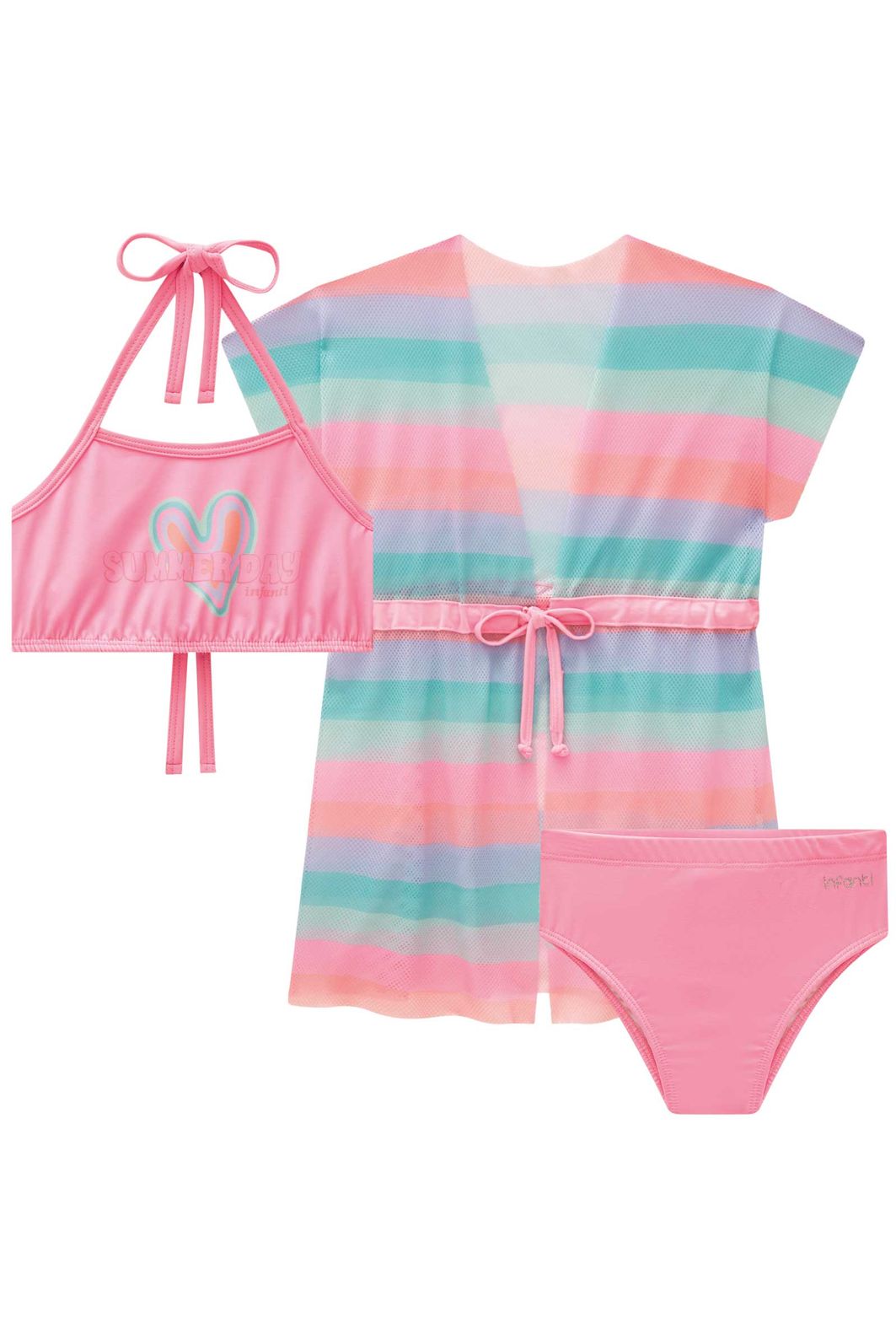 Trio de biquíni em malha UV dry com proteção UV 50+ com saída de praia em tela fashion 93177 Infanti Infantil Menina Trio de biquíni em malha UV dry com proteção UV 50+ com saída de praia em tela fashion 93177 Infanti Infantil Menina