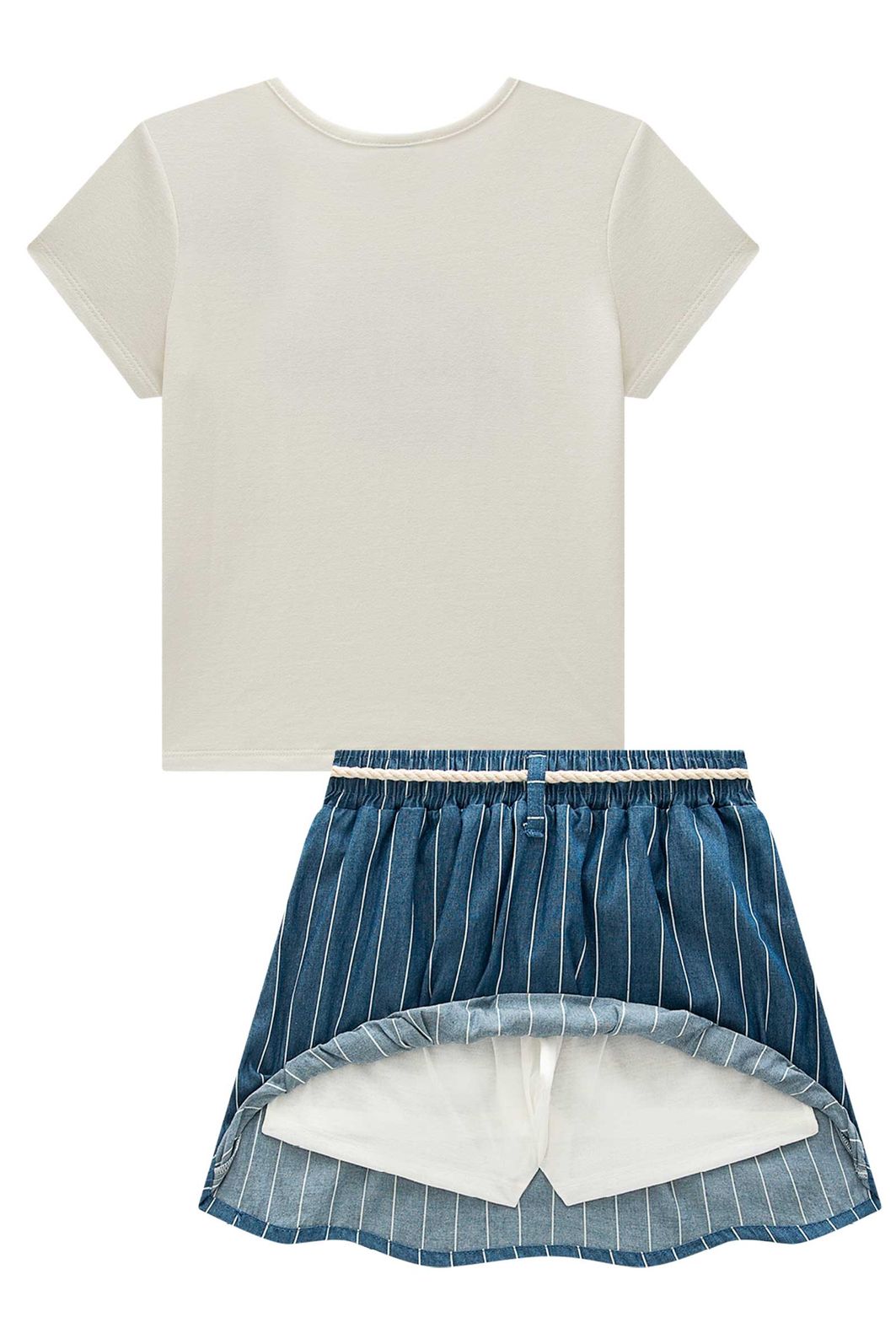 Conjunto de blusa em cotton e saia em denim listrado com shorts embutido 98201 Vic Teen Menina