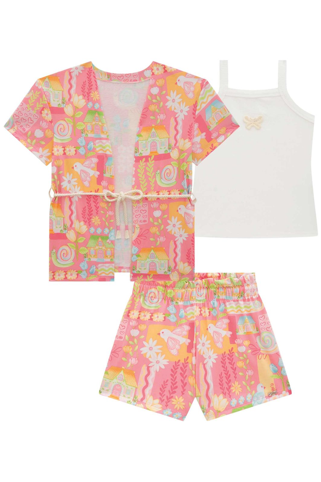 Trio de regata em canelado liz com sobreposição e shorts em malha fresh 96947 Infanti Infantil Menina