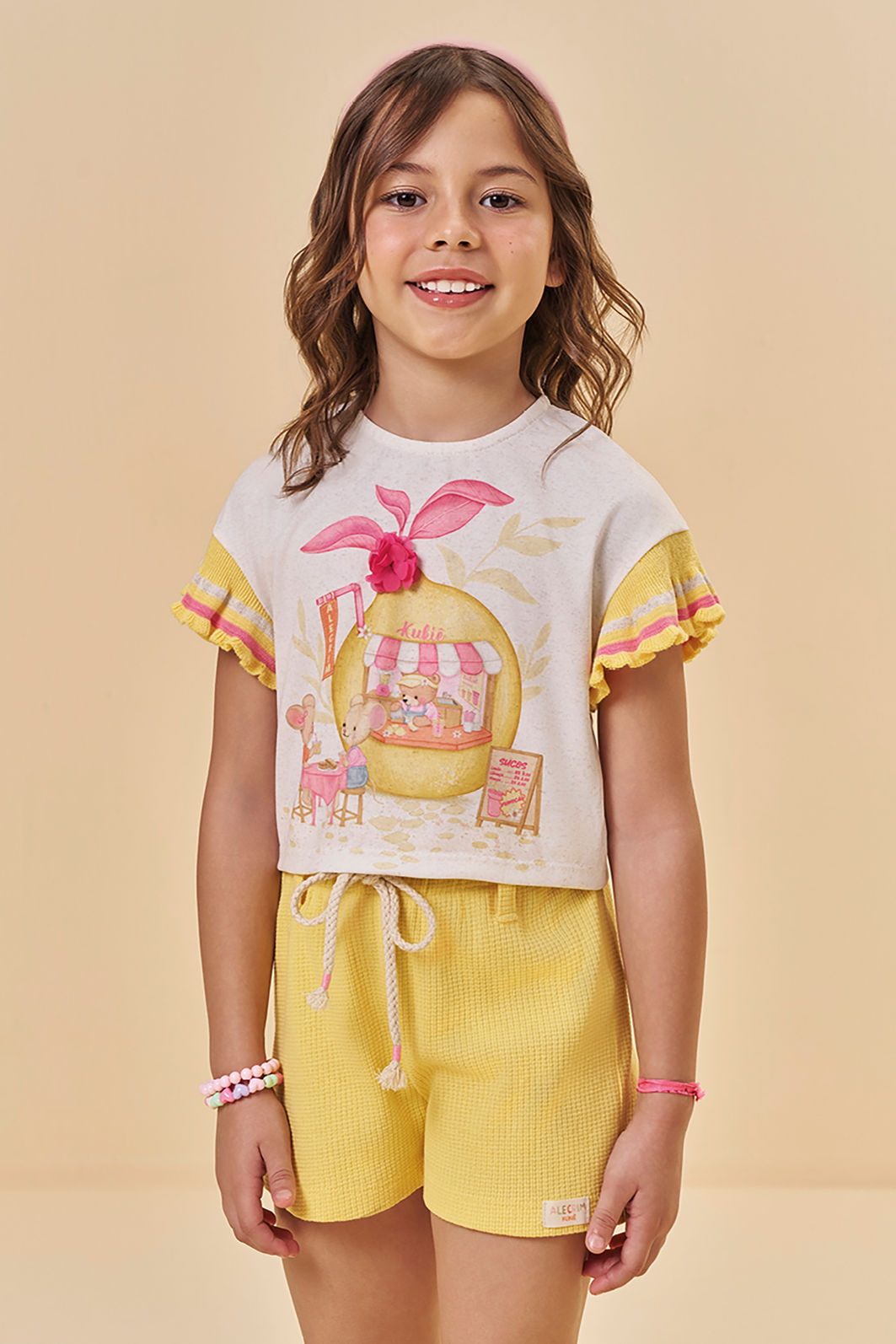 Conjunto de blusa em malha fresh e shorts em malha waffle 94799 Kukiê Infantil Menina Conjunto de blusa em malha fresh e shorts em malha waffle 94799 Kukiê Infantil Menina