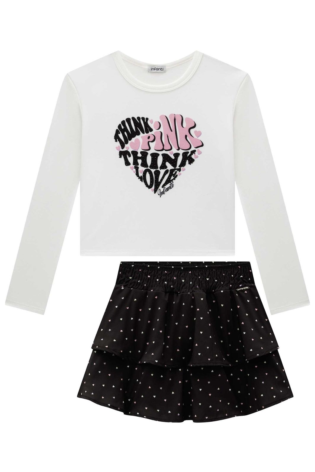 Conjunto de blusa boxy em cotton e saia em light peach. Com shorts embutido 92551 Infanti Infantil Menina