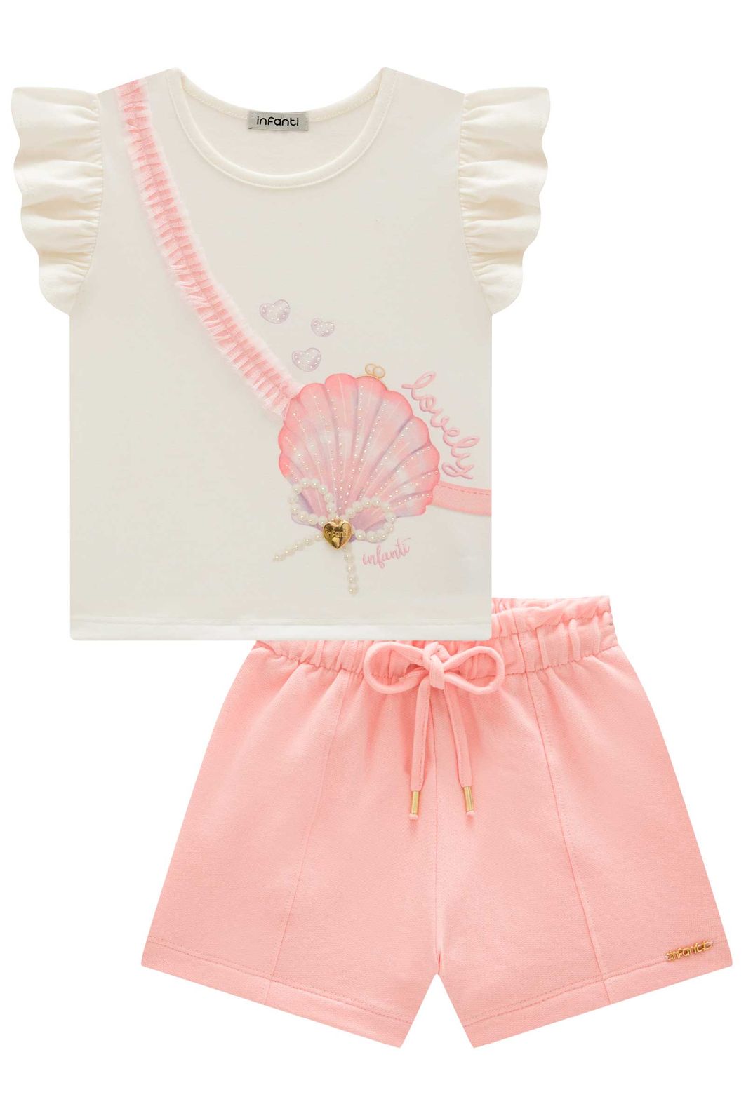 Conjunto de blusa em cotton com shorts em moletom sem pelúcia 99400 Infanti Infantil Menina Conjunto de blusa em cotton com shorts em moletom sem pelúcia 99400 Infanti Infantil Menina