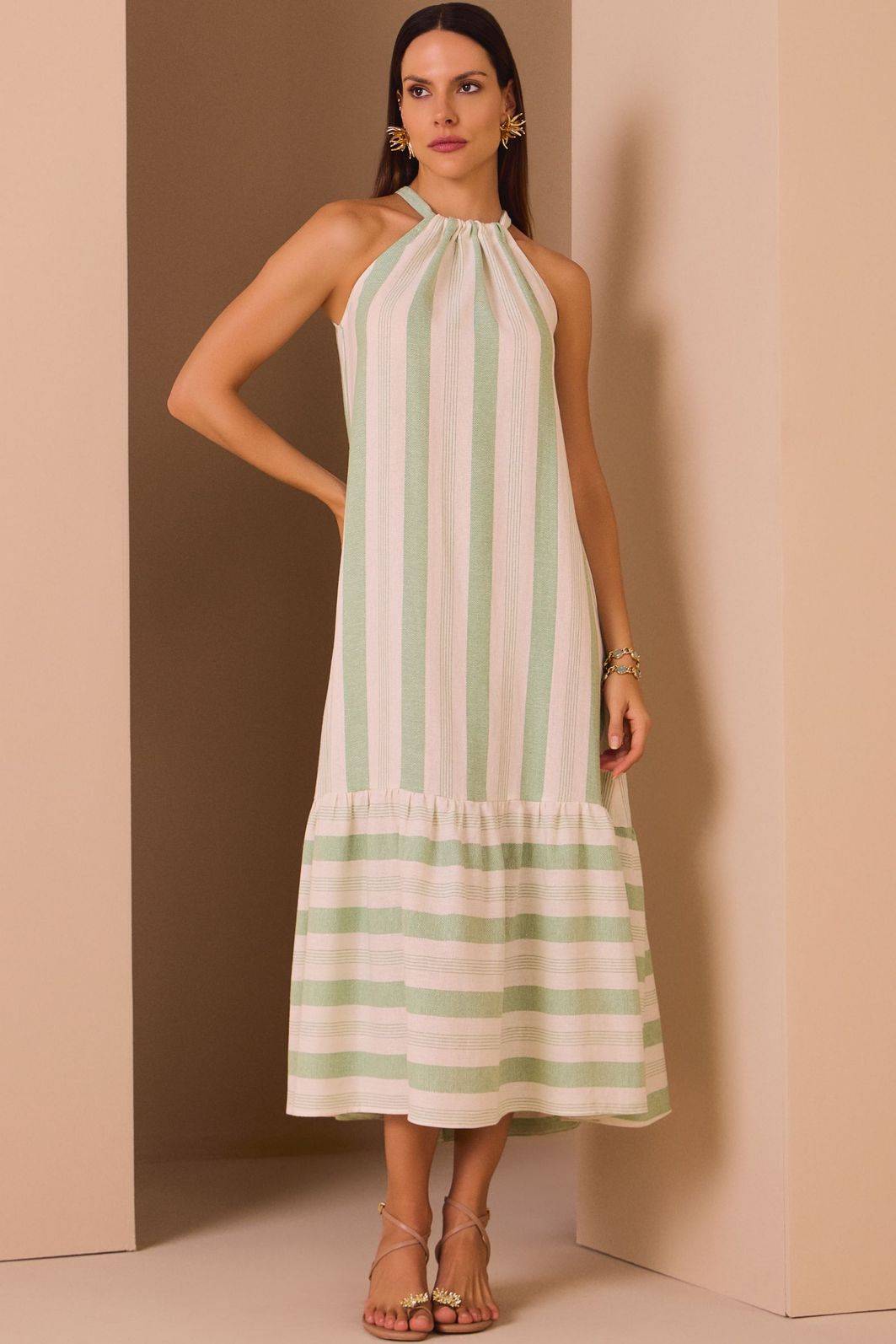 Vestido maxi midi em blend de linho listrado 97646 Linzzi Vestido maxi midi em blend de linho listrado 97646 Linzzi