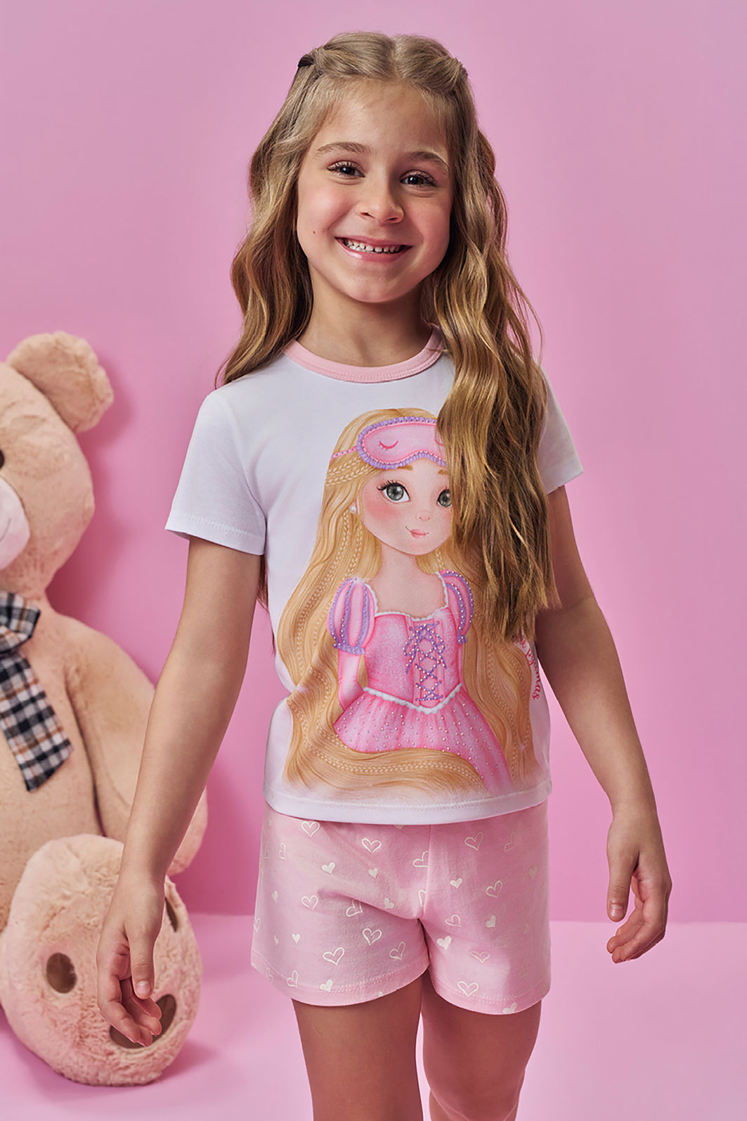 Conjunto de pijama de blusa e shorts em meia malha 94277 Kukiê Infantil Menina