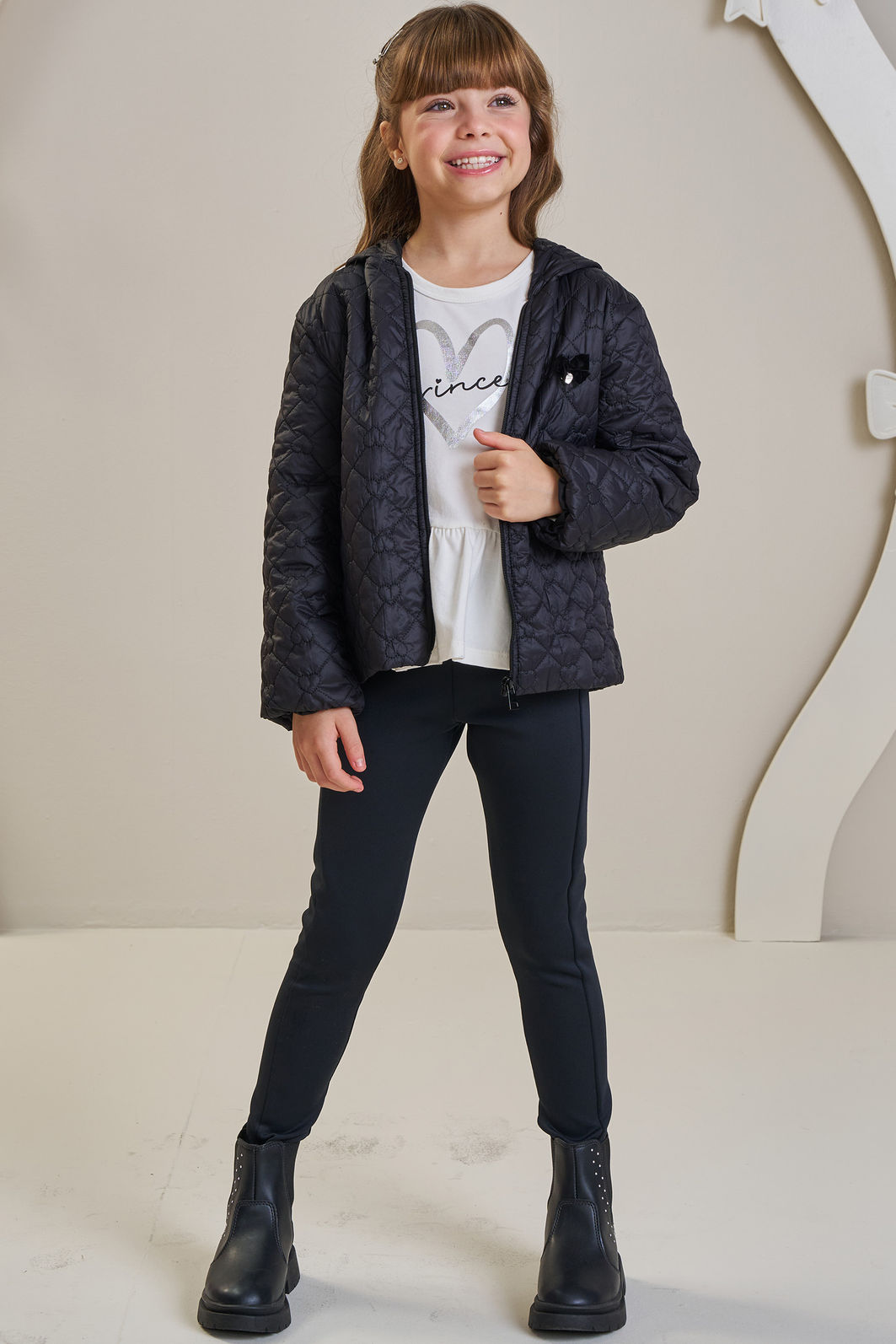 Jaqueta em nylon matelassê de coração 92149 Infanti Infantil Menina