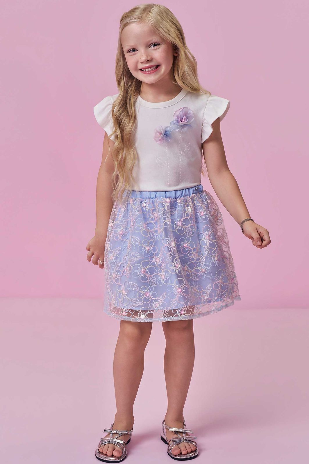 Conjunto de blusa em cotton e saia em tule bordado (com shorts embutido) 98712 Kukiê Infantil Menina