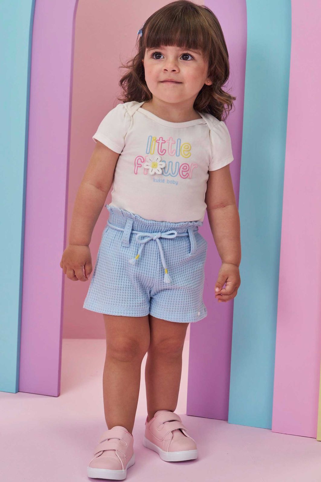 Conjunto de body em cotton e shorts em malha big waffle 98388 Kukiê Bebê Menina