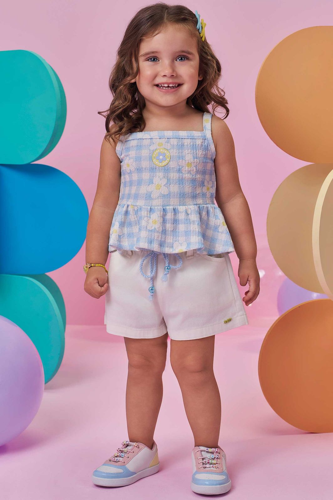 Conjunto de bata em malha textura e shorts em sarja com elastano 98299 Kukiê Infantil Menina