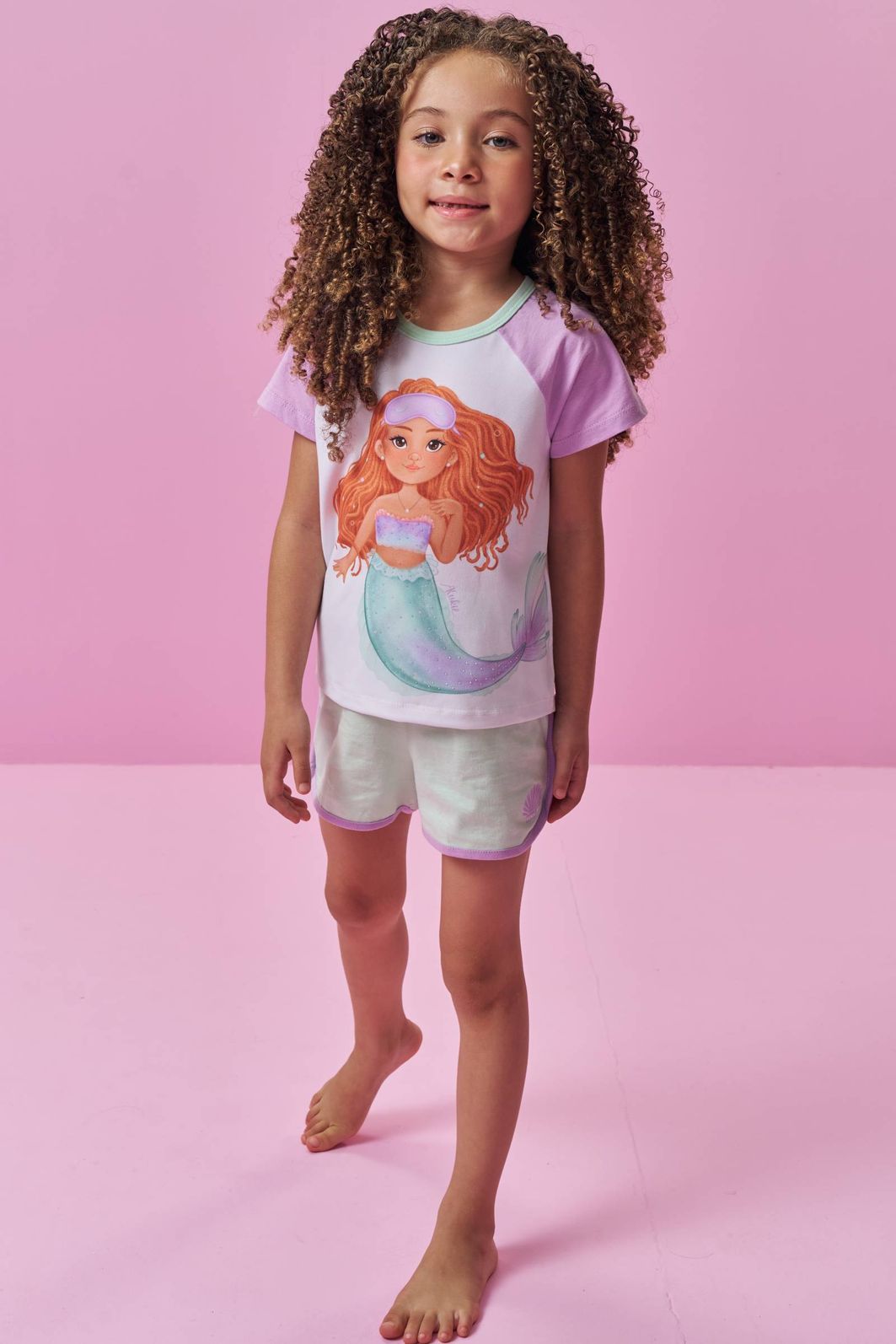 Conjunto de pijama de blusa e shorts em meia malha 94283 Kukiê Infantil Menina